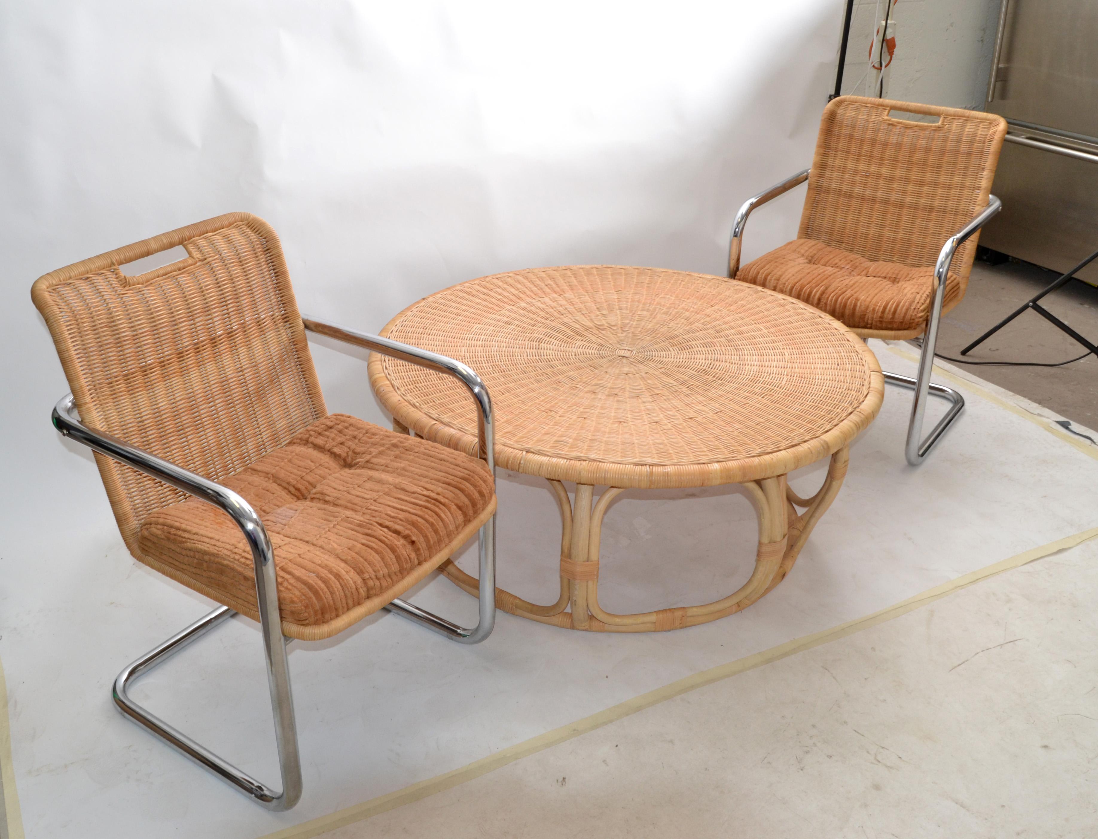 Hand-Woven Pair Chromcraft Armchairs Brown Seat & Wicker Backrest Mid-Century Modern, 1970