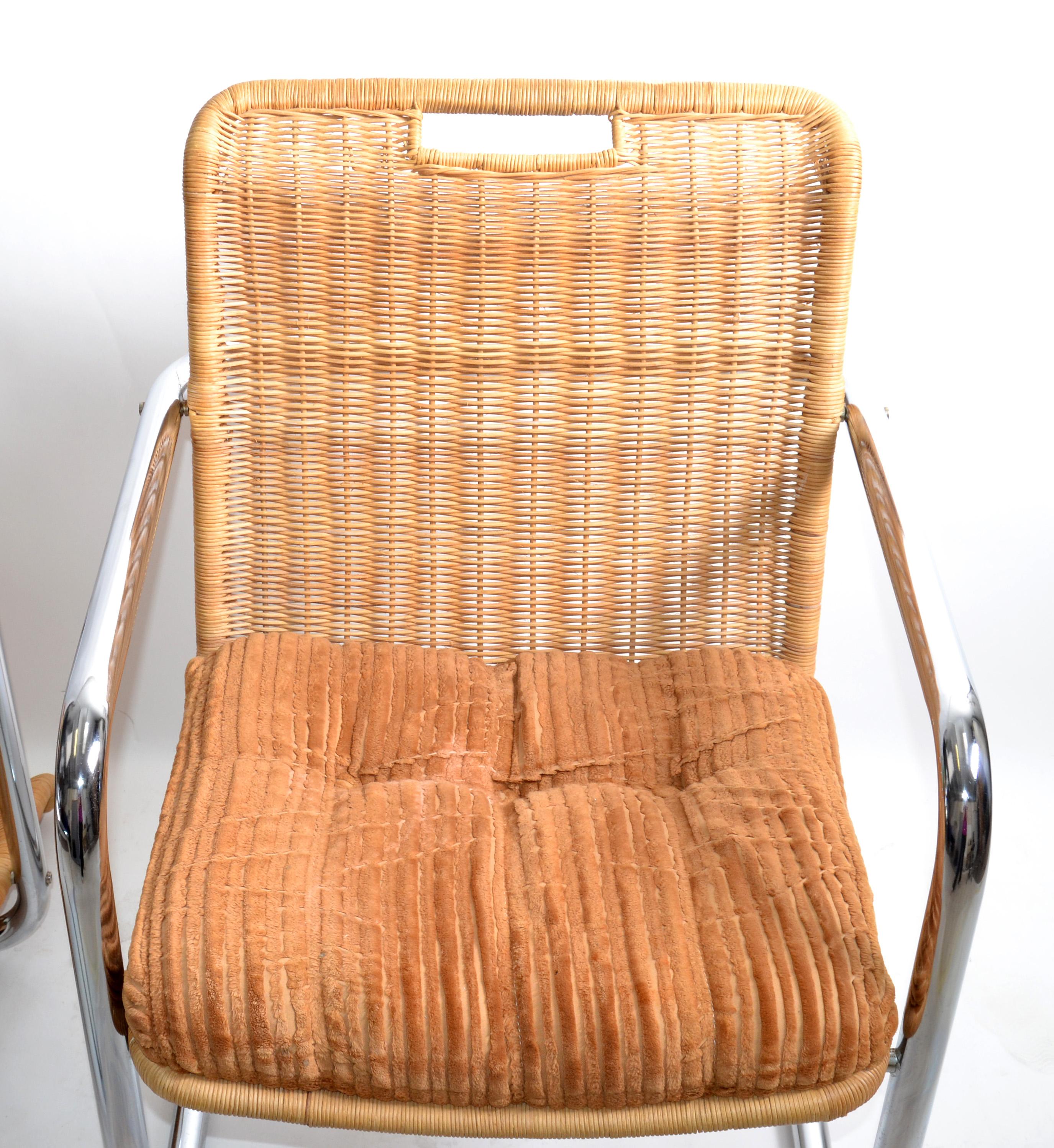 Pair Chromcraft Armchairs Brown Seat & Wicker Backrest Mid-Century Modern, 1970 In Good Condition In Miami, FL