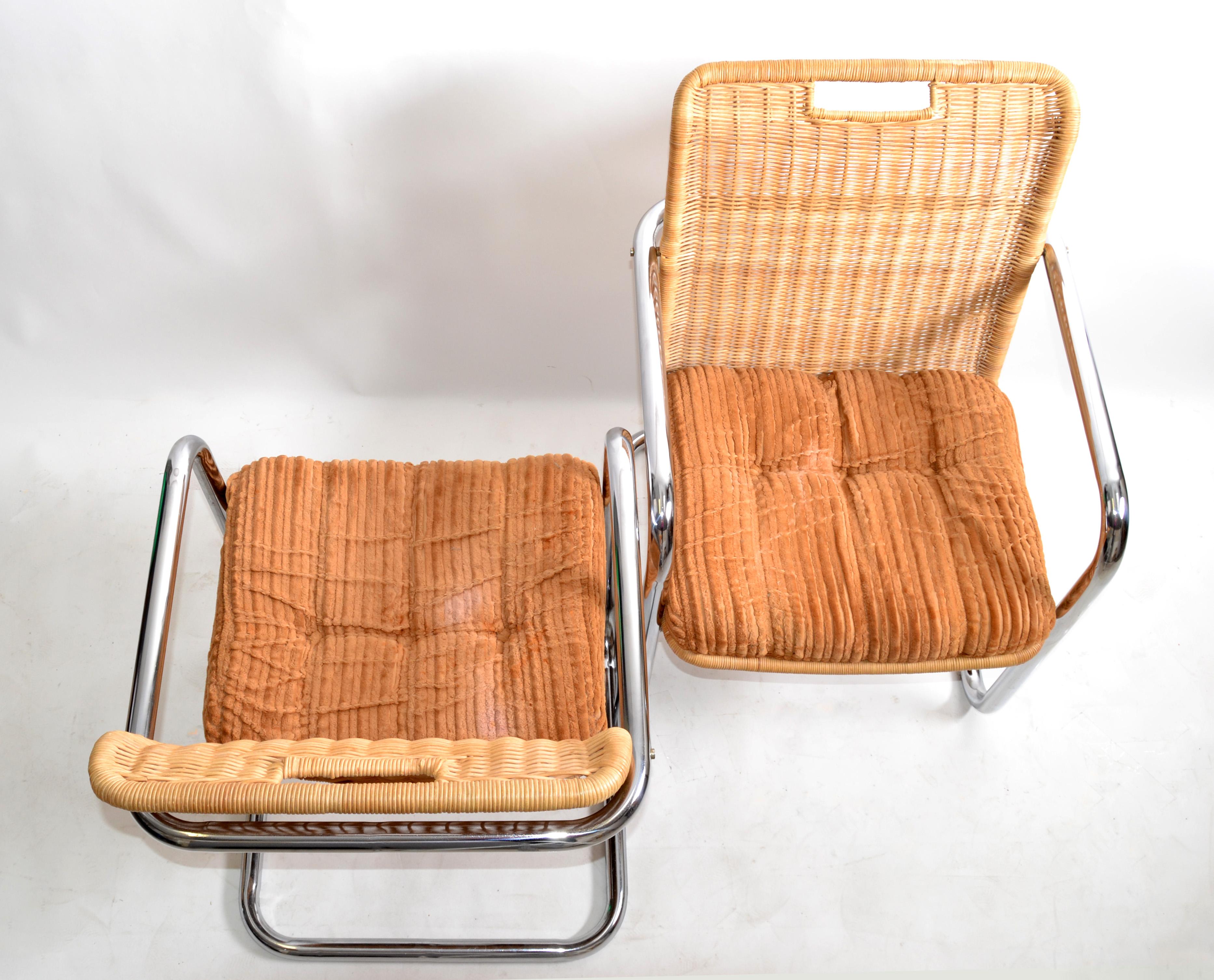 Late 20th Century Pair Chromcraft Armchairs Brown Seat & Wicker Backrest Mid-Century Modern, 1970
