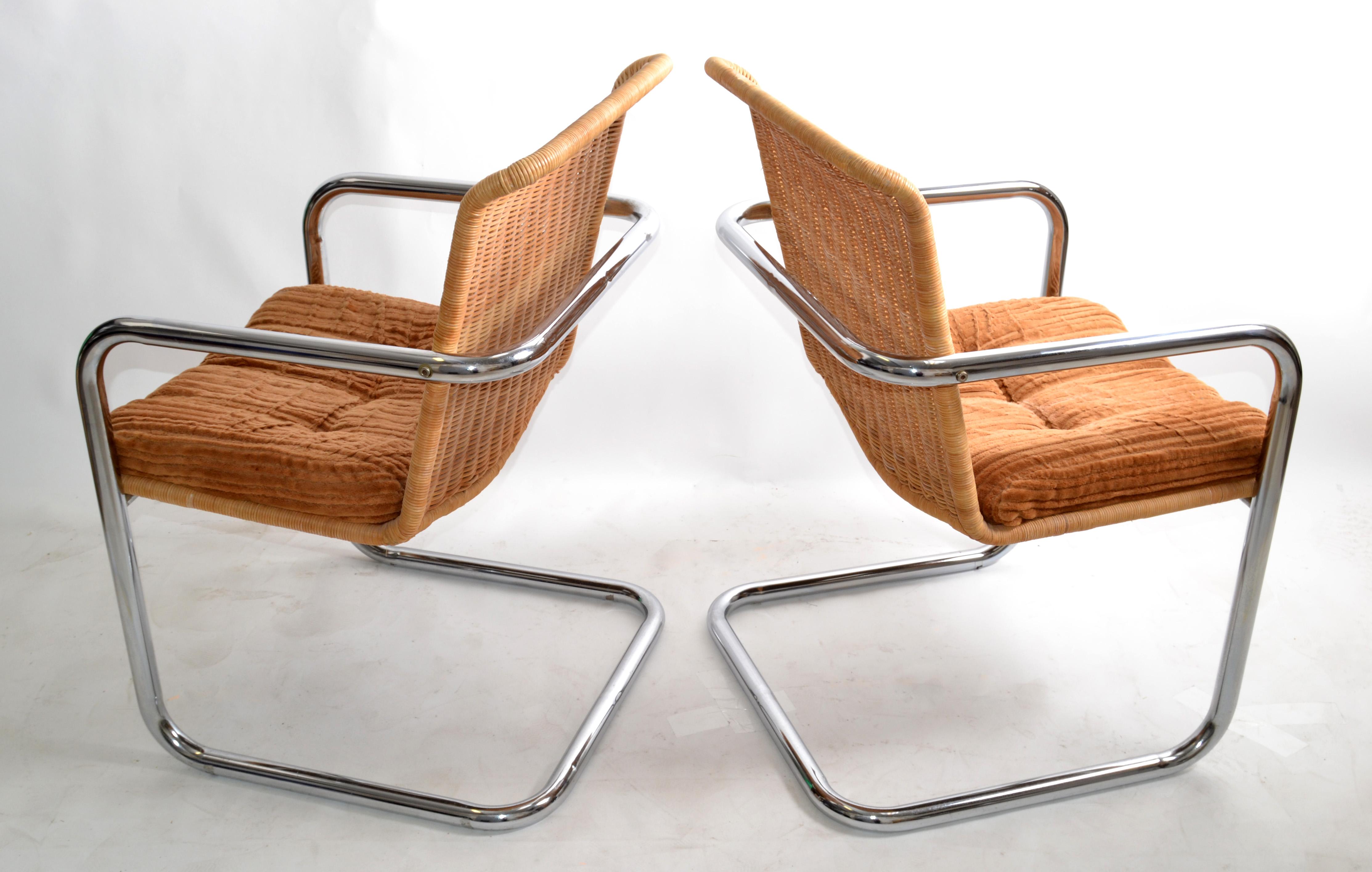 Fabric Pair Chromcraft Armchairs Brown Seat & Wicker Backrest Mid-Century Modern, 1970