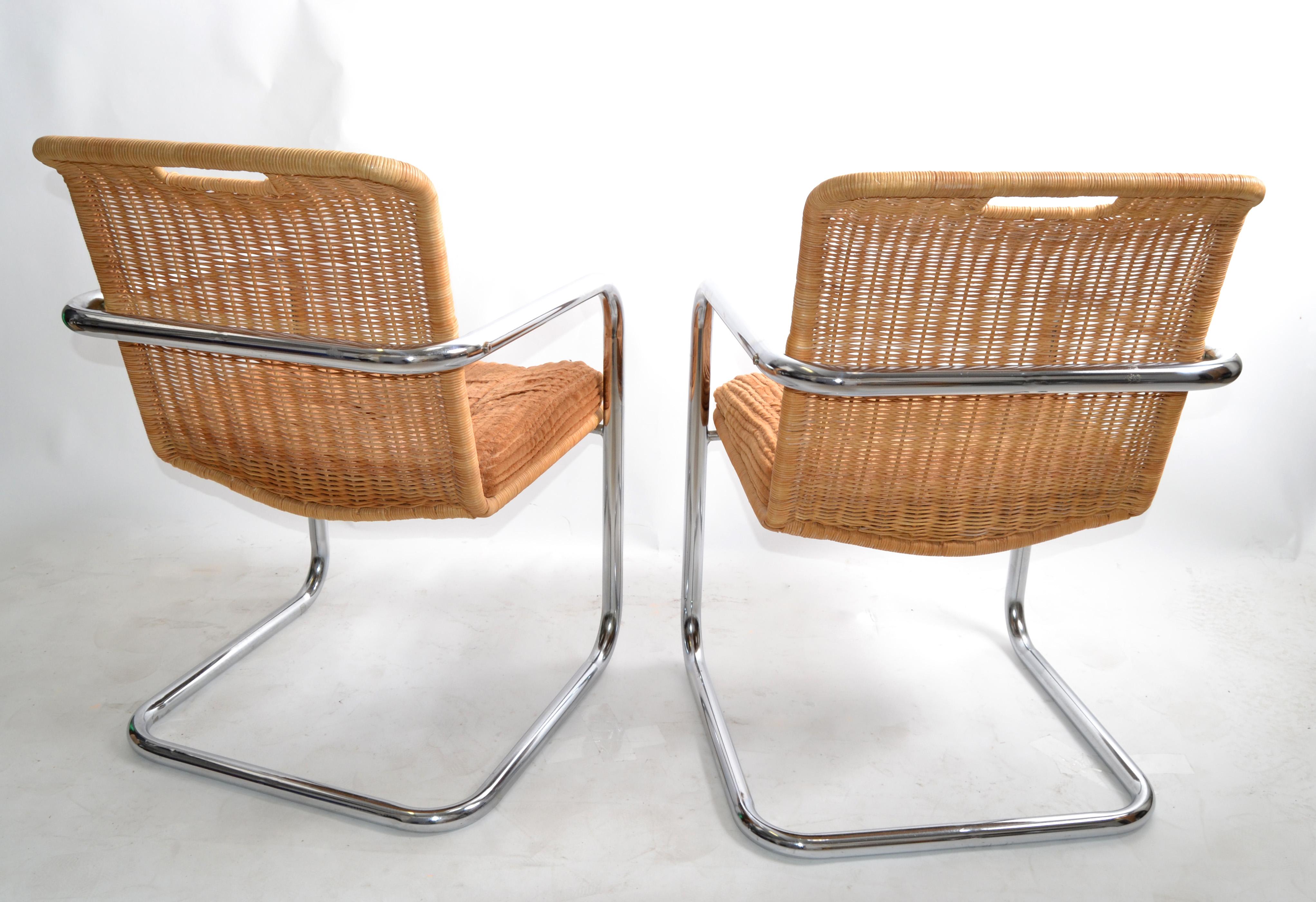 Pair Chromcraft Armchairs Brown Seat & Wicker Backrest Mid-Century Modern, 1970 1