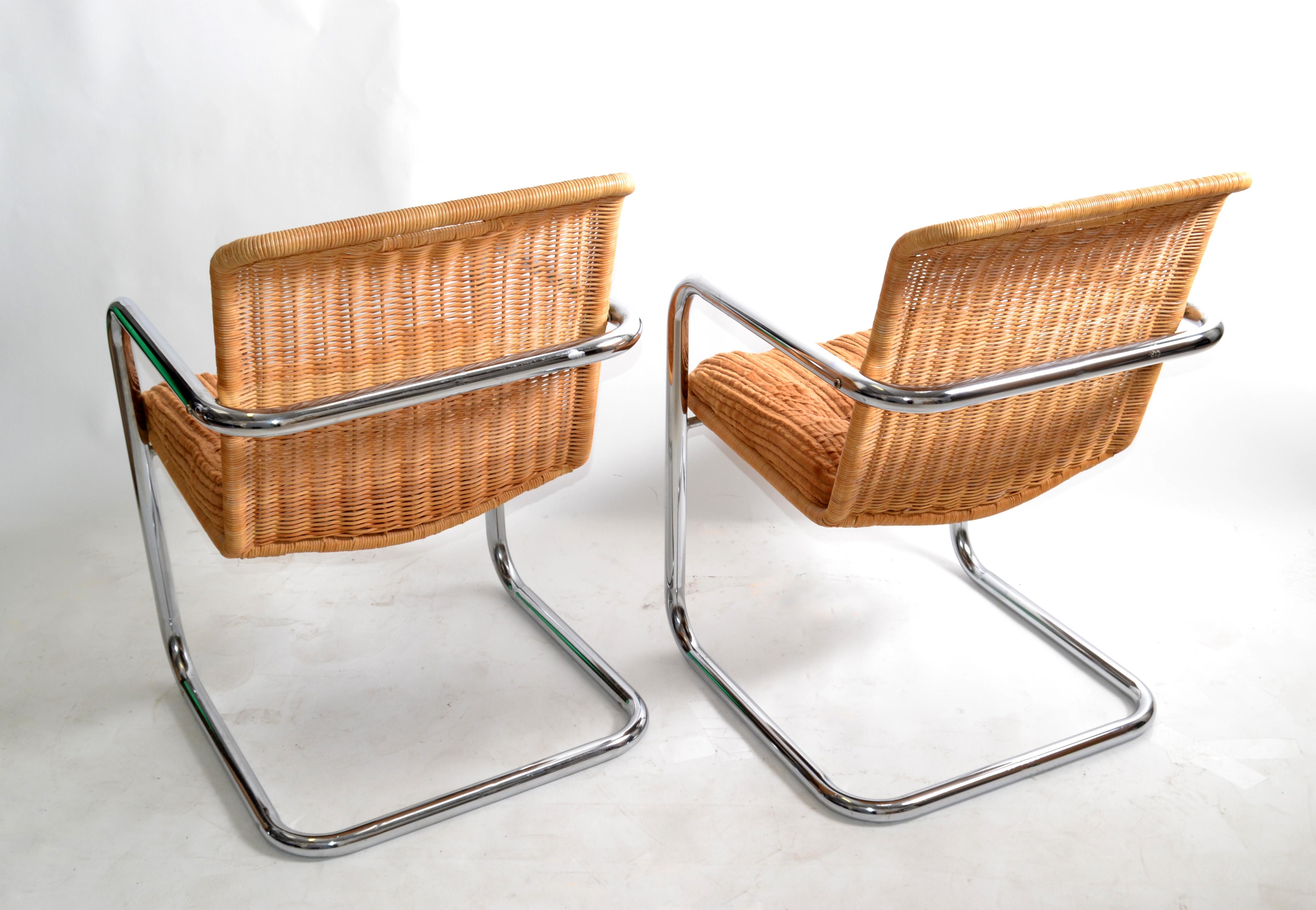 Pair Chromcraft Armchairs Brown Seat & Wicker Backrest Mid-Century Modern, 1970 2