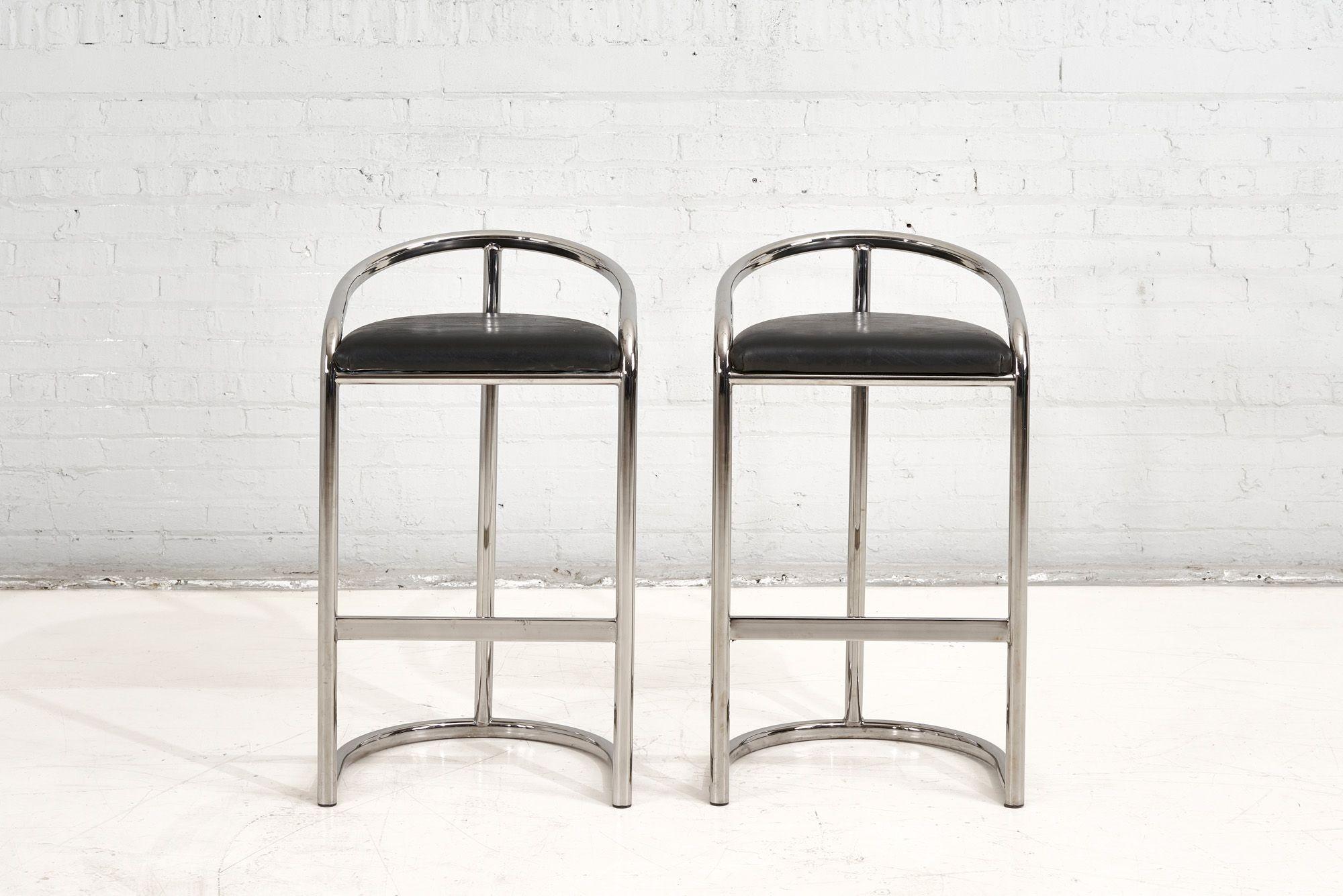 Pair chrome and leather bar stools by Thonet, 1970, Original condition.