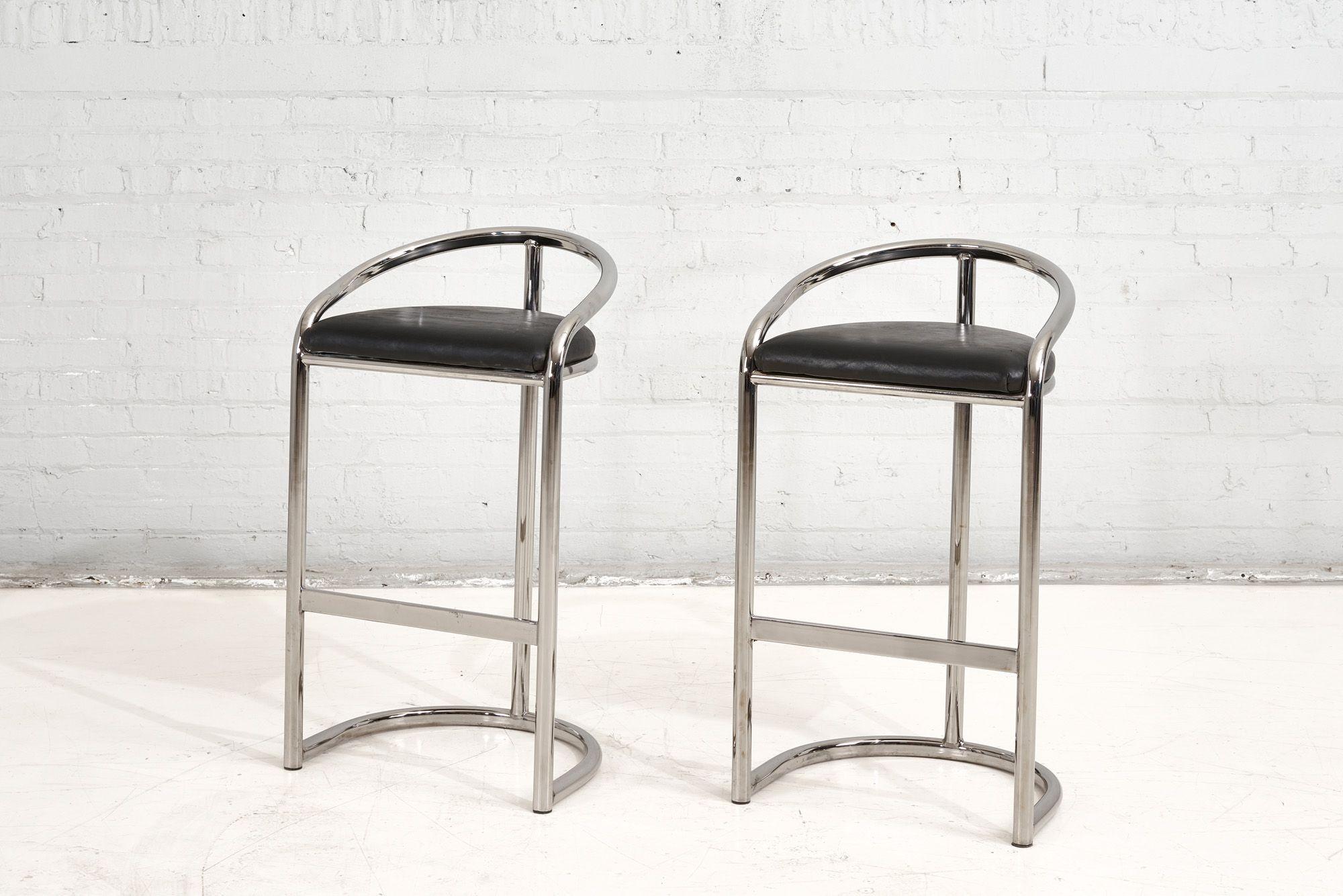 Post-Modern Pair Chrome and Leather Bar Stools by Thonet, 1970