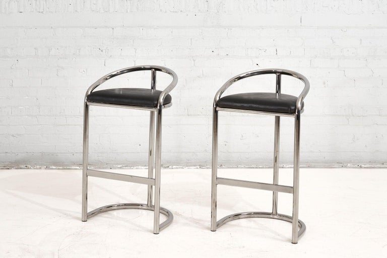 Pair Chrome and Leather Bar Stools by 1970 For Sale at 1stDibs