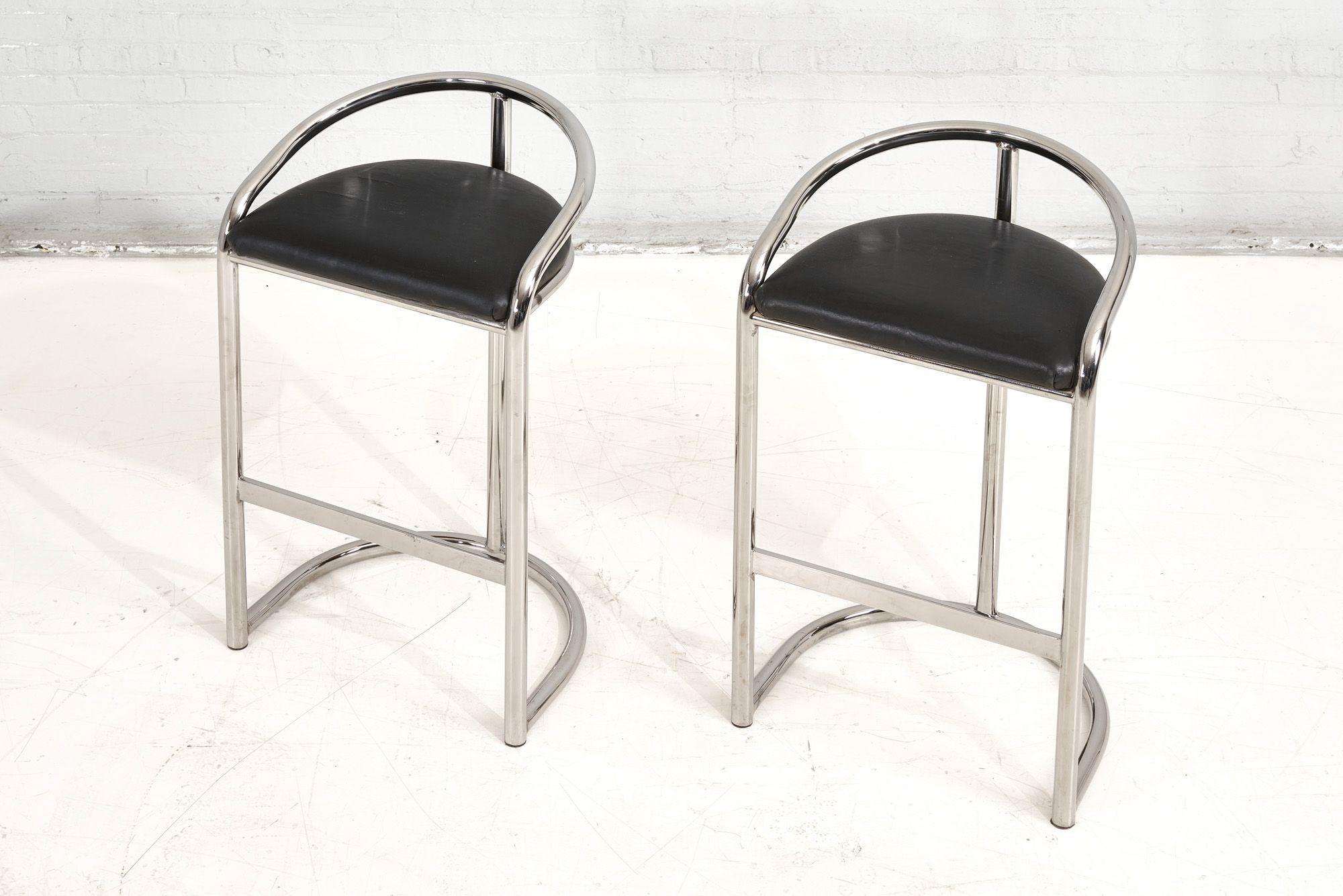 American Pair Chrome and Leather Bar Stools by Thonet, 1970