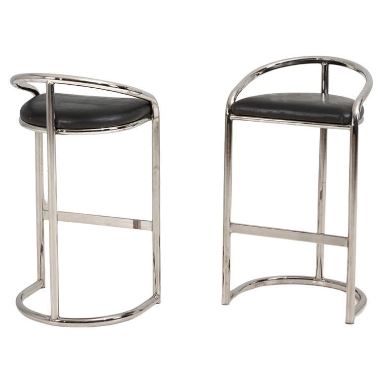 Pair Chrome and Leather Bar Stools by Thonet, 1970