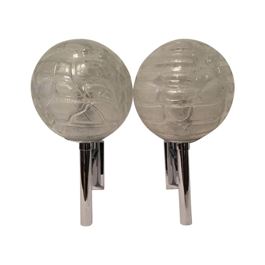 Pair of Chrome and Structure Glass Ball Sconces by Doria of Germany, 1960s For Sale