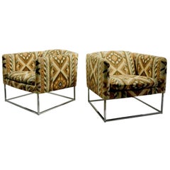 Pair Chrome Base Tub Chairs Attributed to Milo Baughman