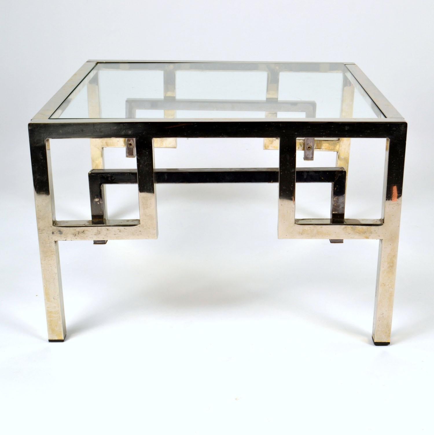 Hollywood Regency Pair Chrome & Brass Belgo Chrome Side Tables Glass Top 1970's For Sale