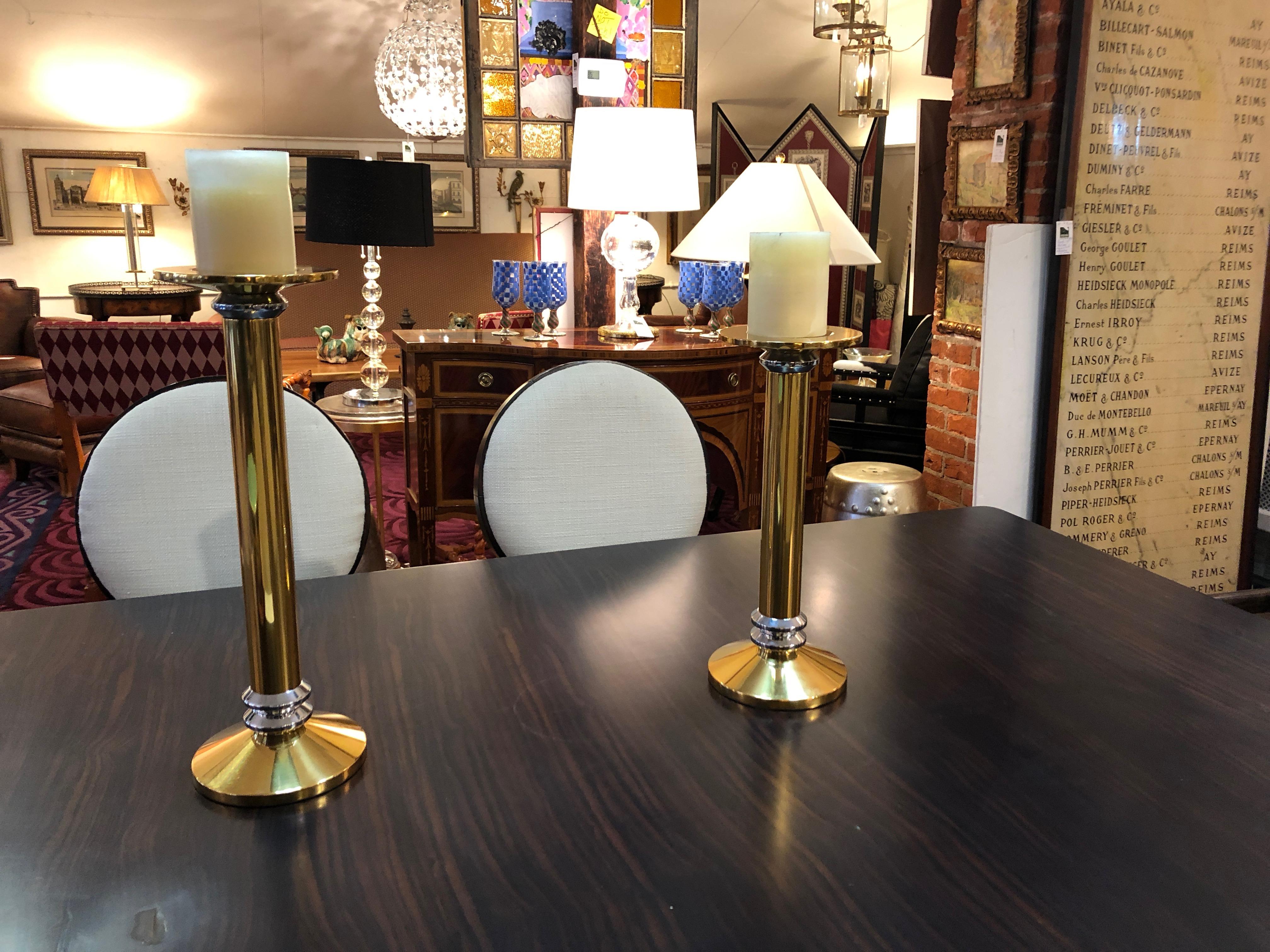 Mid-20th Century Chunky Brass and Chrome Karl Springer Style Mid-Century Modern Candlesticks Pair