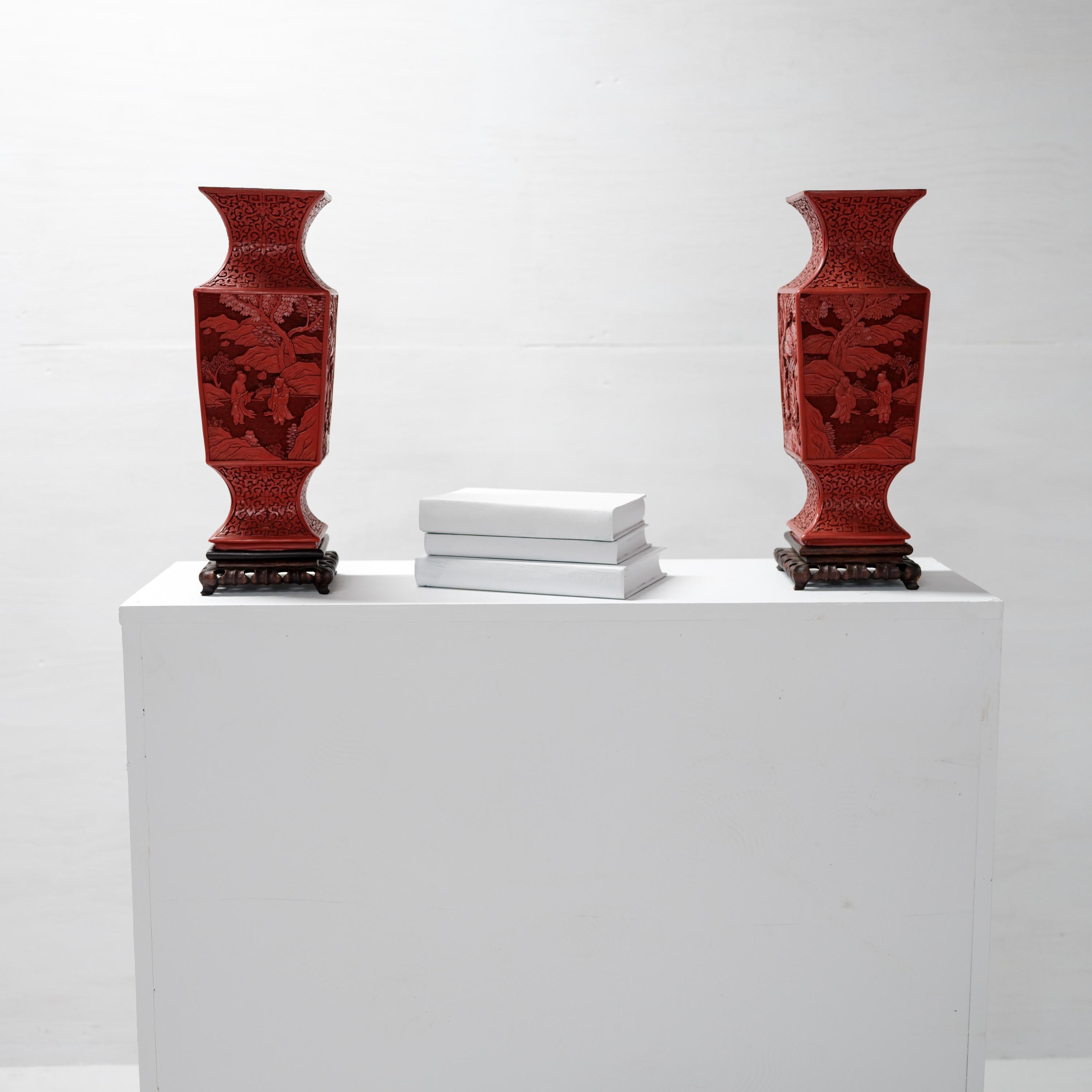 Pair Cinnabar Urns, Original Carved Wood Stands, China, Late 19th Century For Sale 5