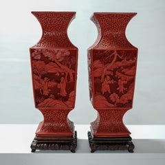 Pair Cinnabar Urns, Original Carved Wood Stands, China, Late 19th Century