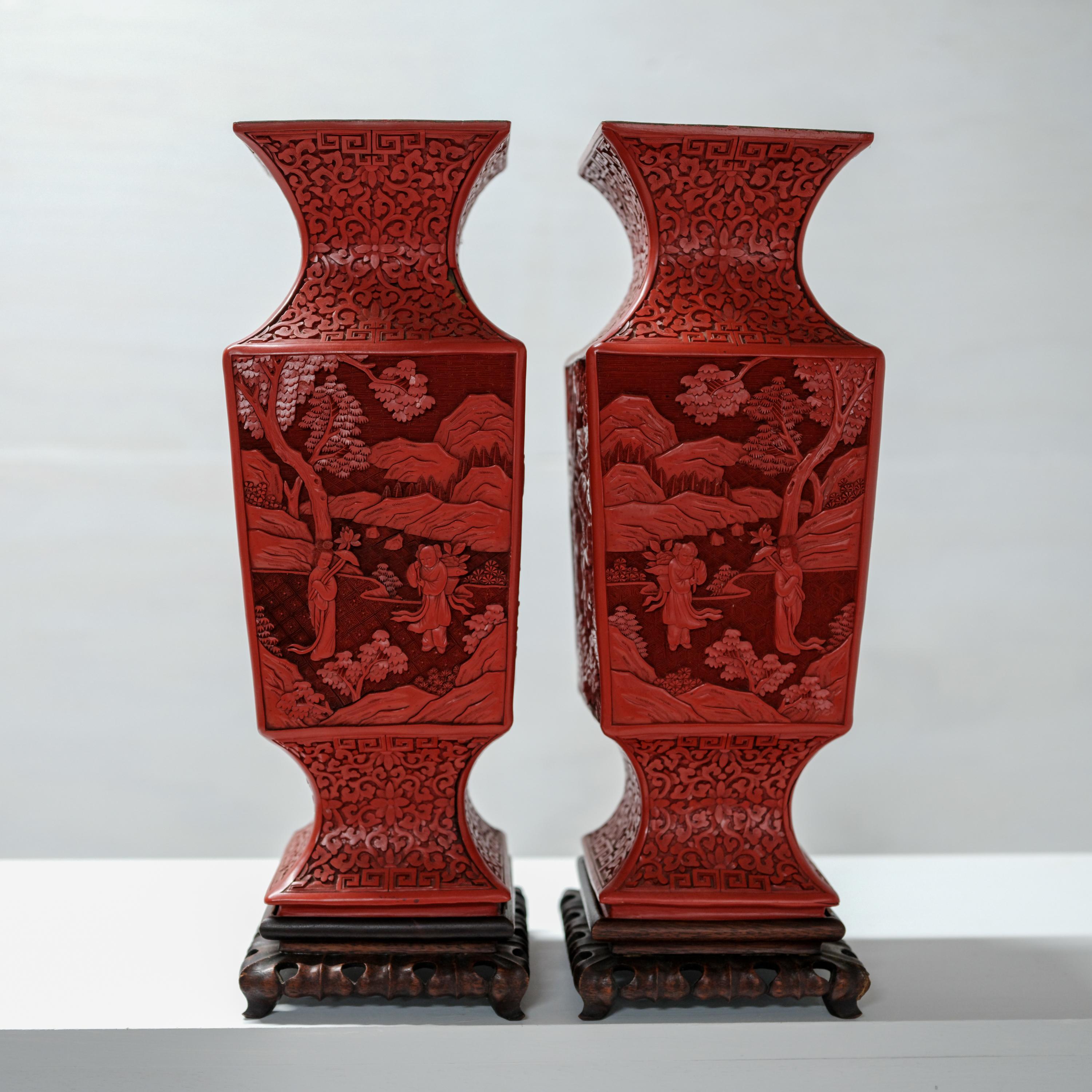 Art Nouveau Pair Cinnabar Urns, Original Carved Wood Stands, China, Late 19th Century For Sale