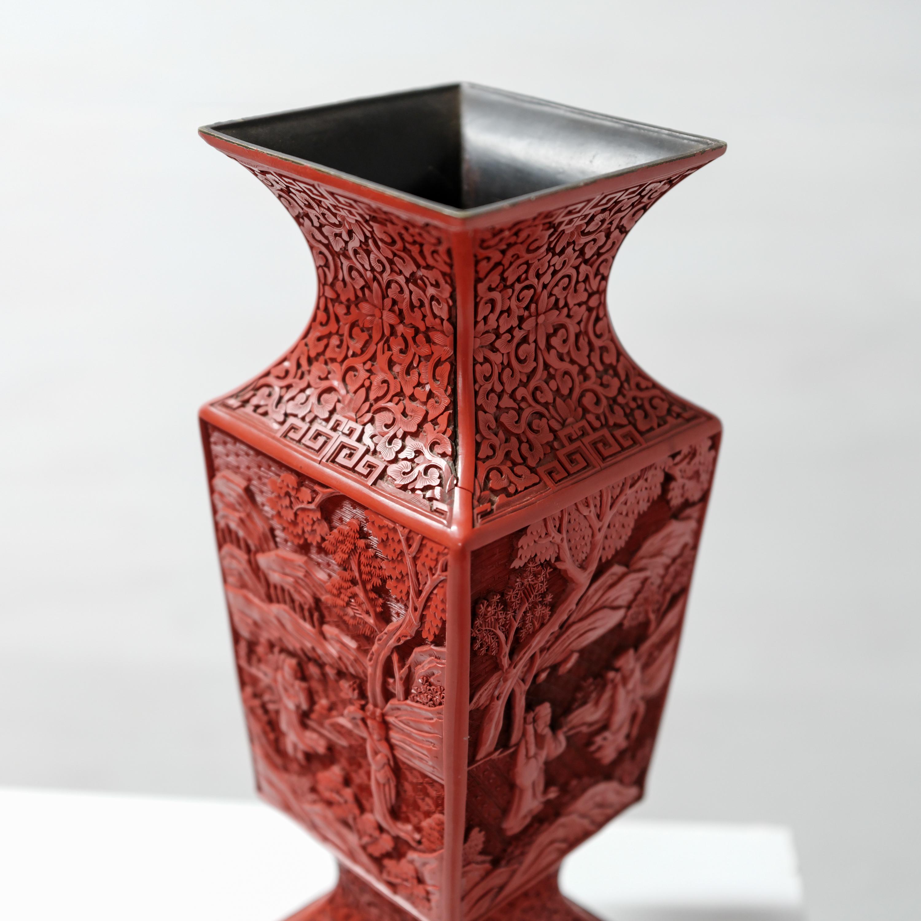 Pair Cinnabar Urns, Original Carved Wood Stands, China, Late 19th Century In Good Condition For Sale In Southbury, CT