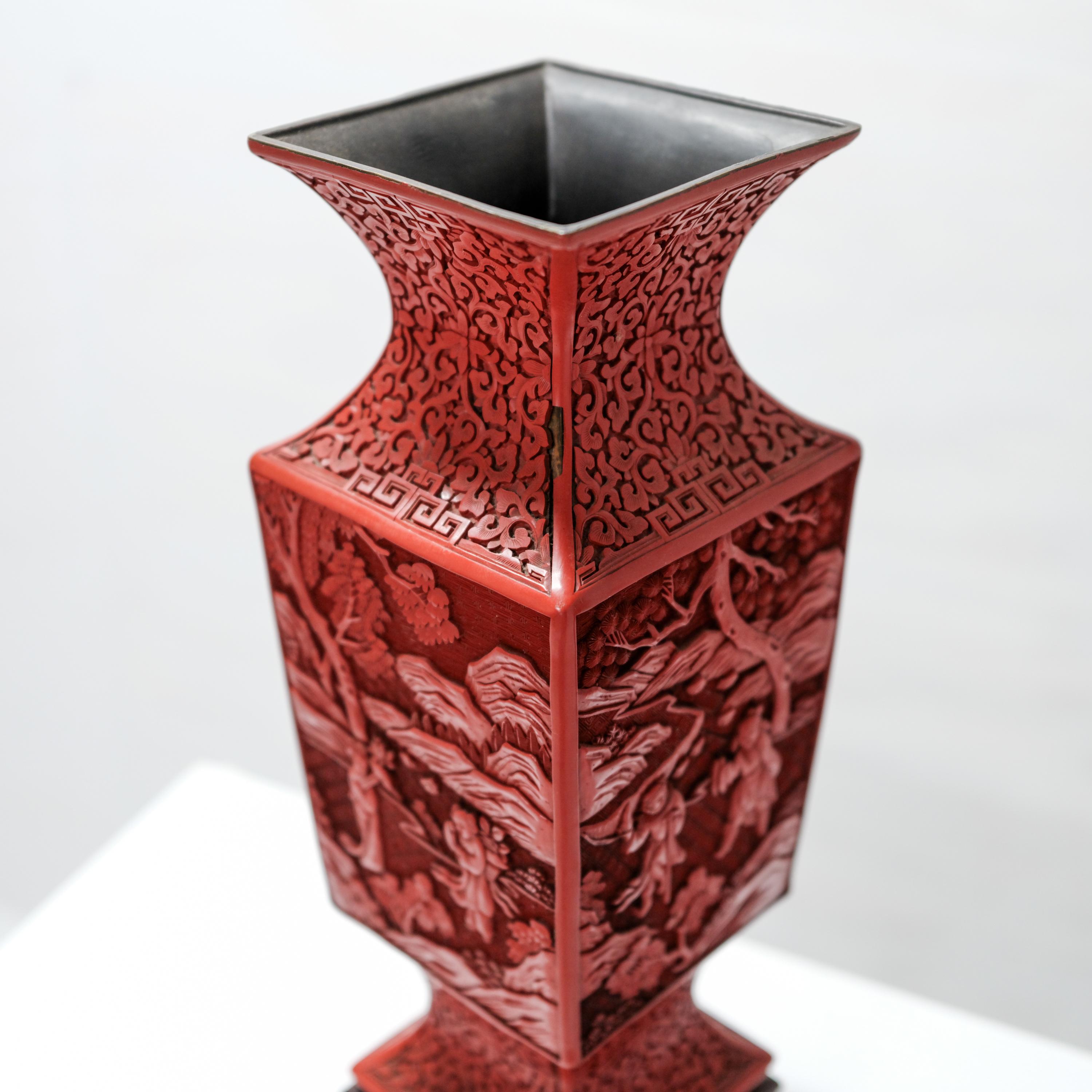 Pair Cinnabar Urns, Original Carved Wood Stands, China, Late 19th Century For Sale 1