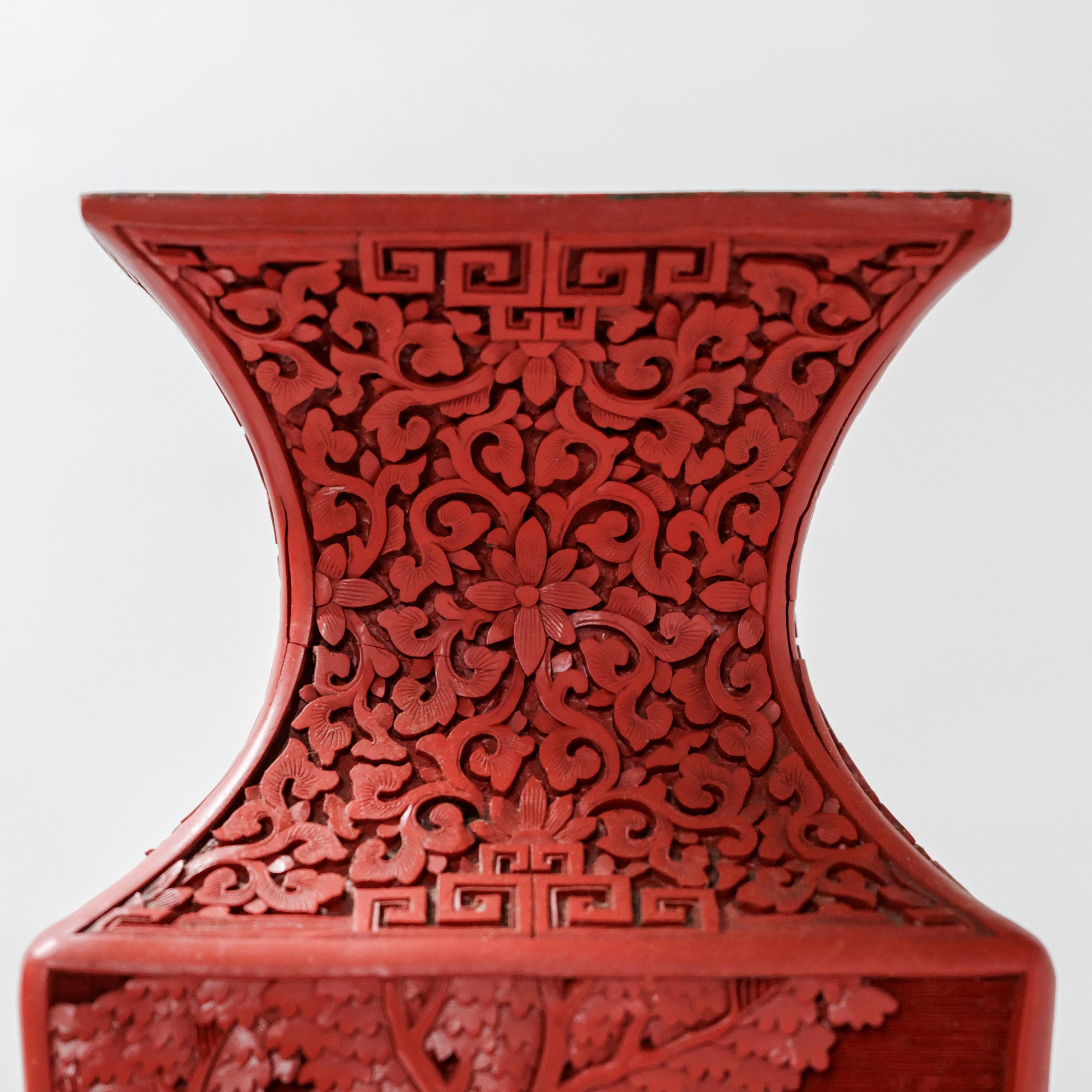 Pair Cinnabar Urns, Original Carved Wood Stands, China, Late 19th Century For Sale 2