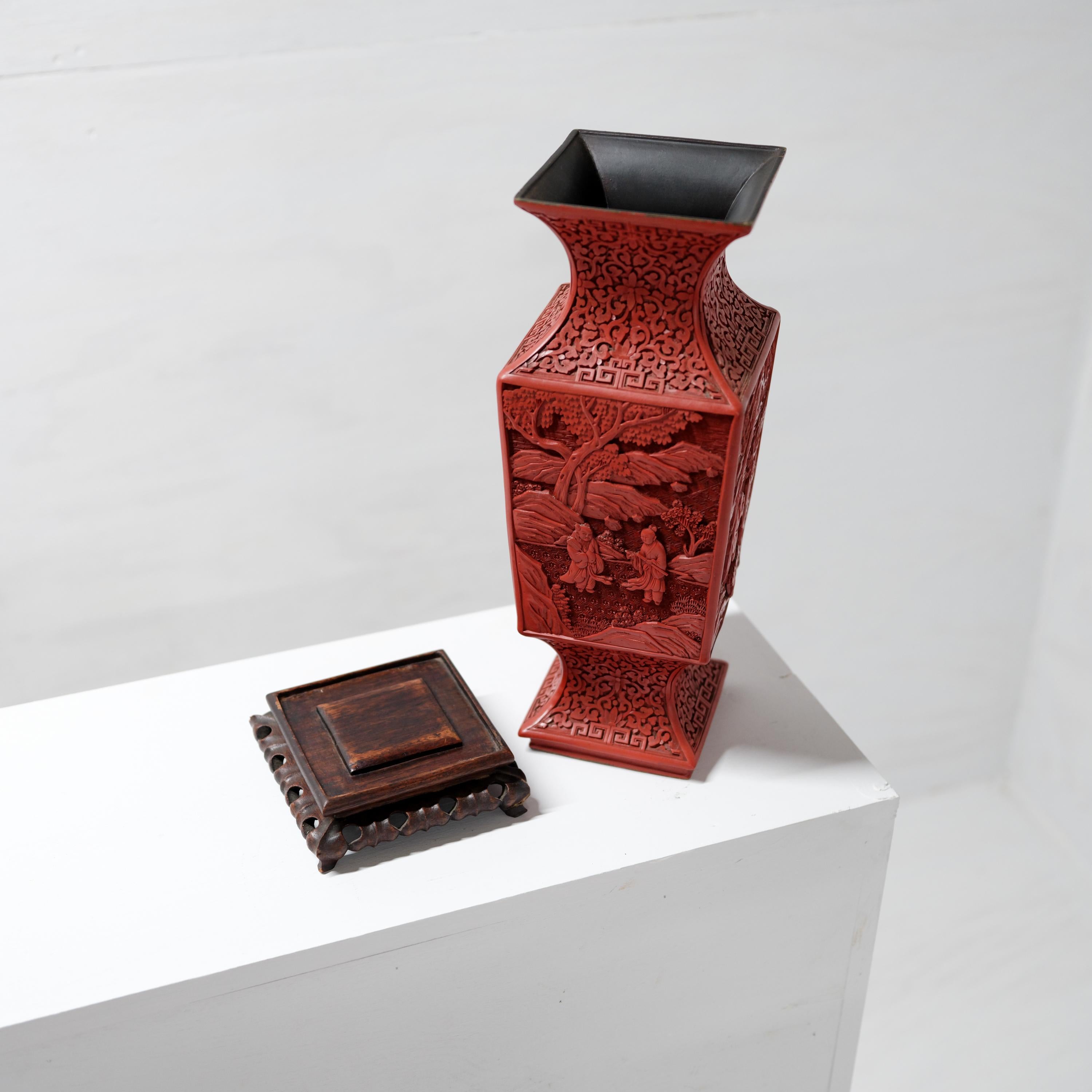 Pair Cinnabar Urns, Original Carved Wood Stands, China, Late 19th Century For Sale 4