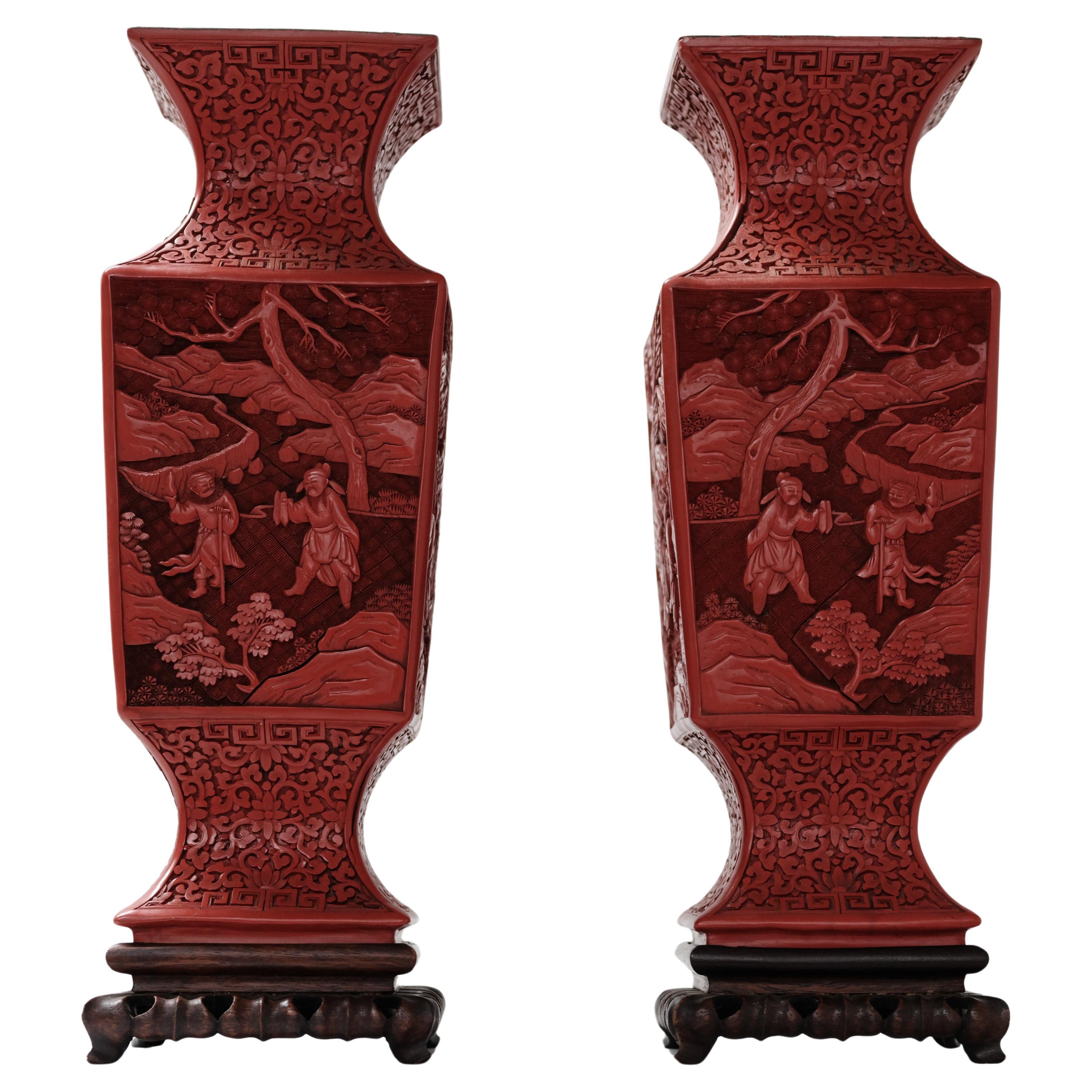 Pair Cinnabar Urns, Original Carved Wood Stands, China, Late 19th Century For Sale