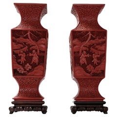 Pair Cinnabar Urns, Original Carved Wood Stands, China, Late 19th Century