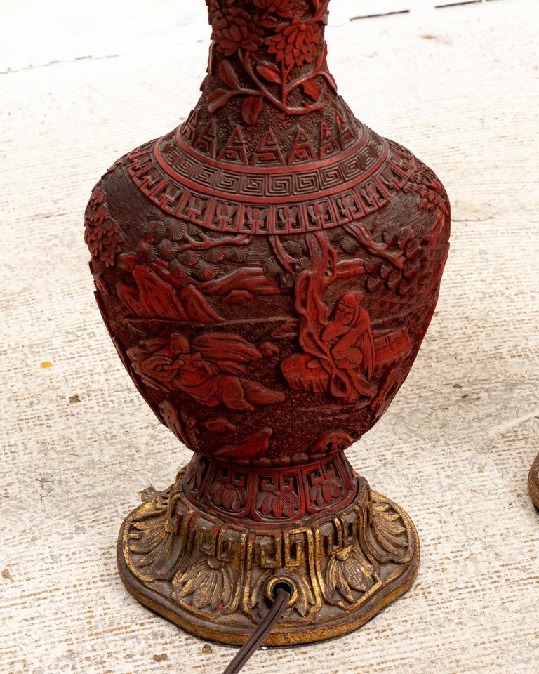 Pair Cinnabar Vases made into Lamps by Edward I. FarmerNew York For