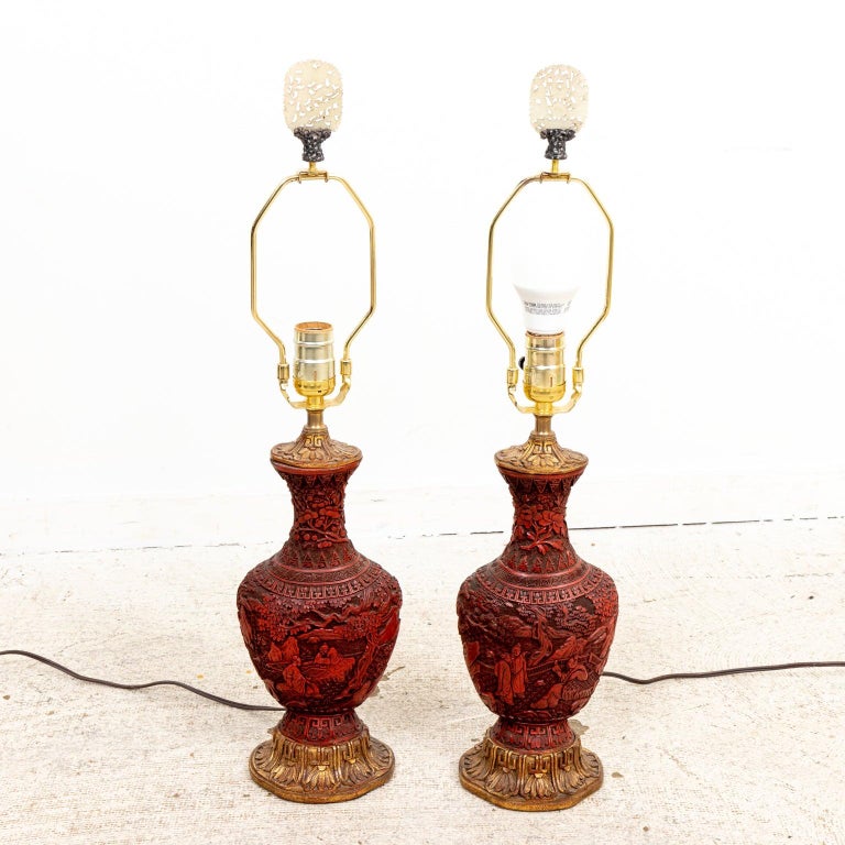 Pair Cinnabar Vases Made into Lamps by Edward i, FarmerNew York For