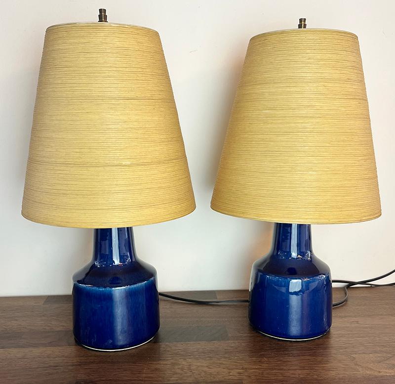 Canadian PAIR Circa 1960s Lotte Bostlund 1200 Series Table Lamps with Colbalt Blue Glaze For Sale
