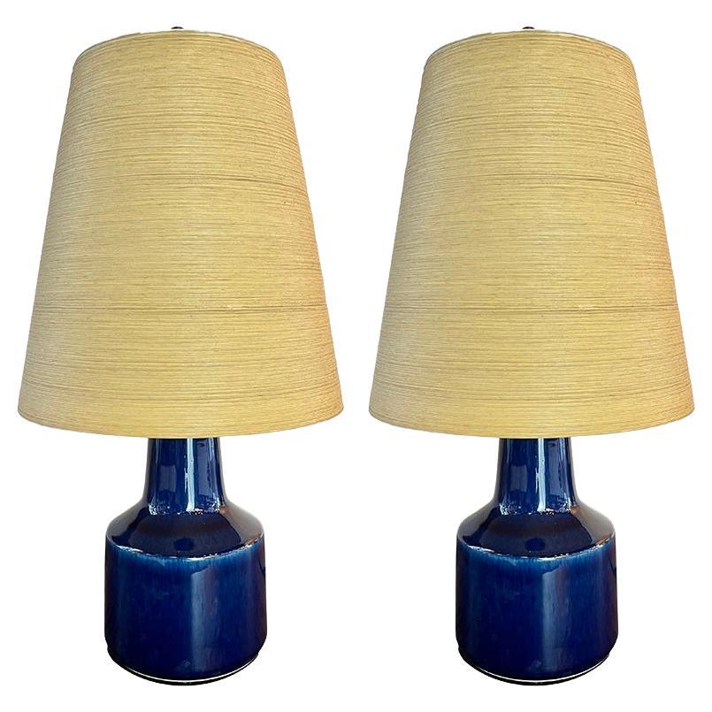 PAIR Circa 1960s Lotte Bostlund 1200 Series Table Lamps with Colbalt Blue Glaze For Sale