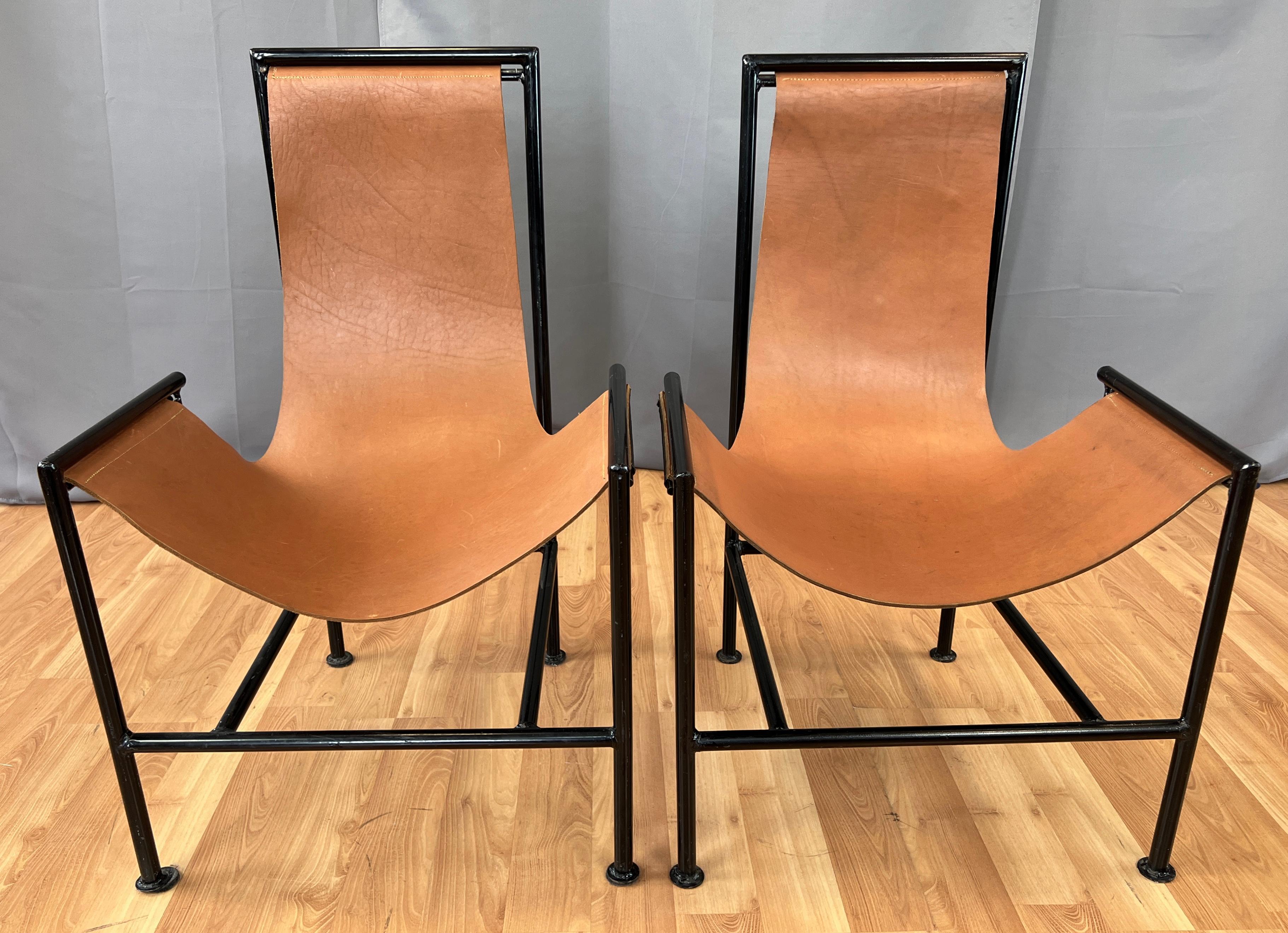 Mid-Century Modern Pair Circa 1970s T-Style Brown Leather Sling Chairs