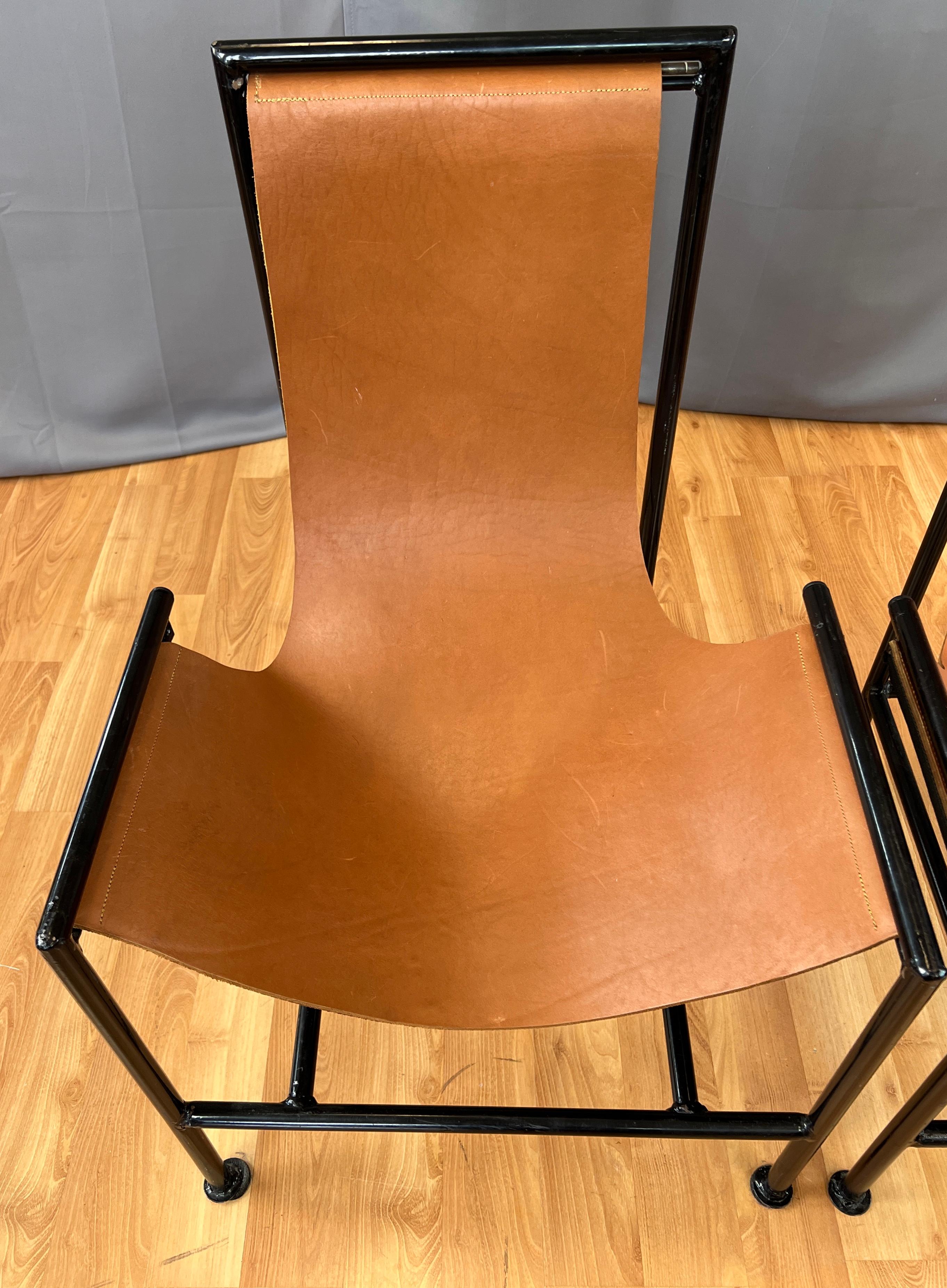 North American Pair Circa 1970s T-Style Brown Leather Sling Chairs
