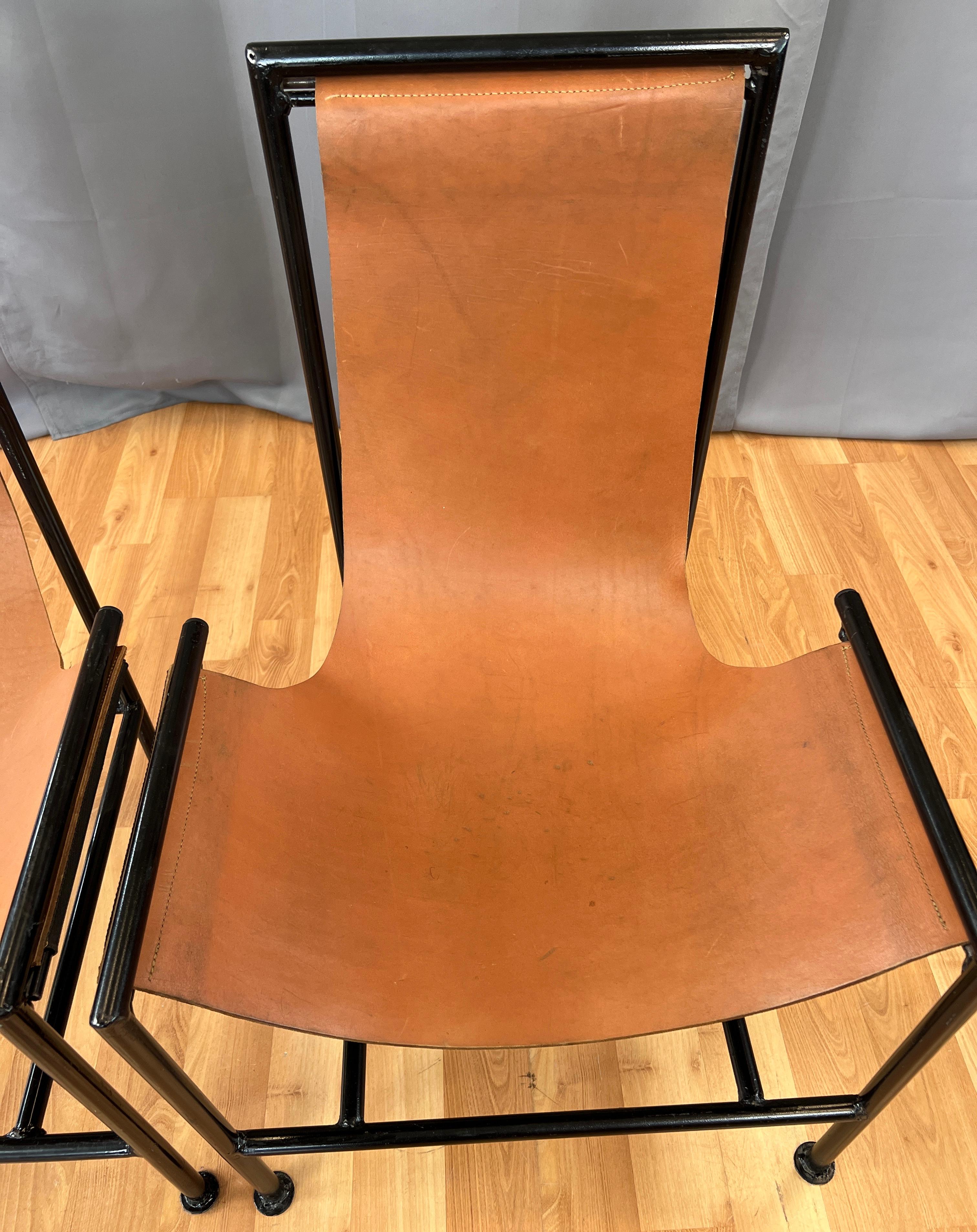 Pair Circa 1970s T-Style Brown Leather Sling Chairs In Good Condition In San Francisco, CA