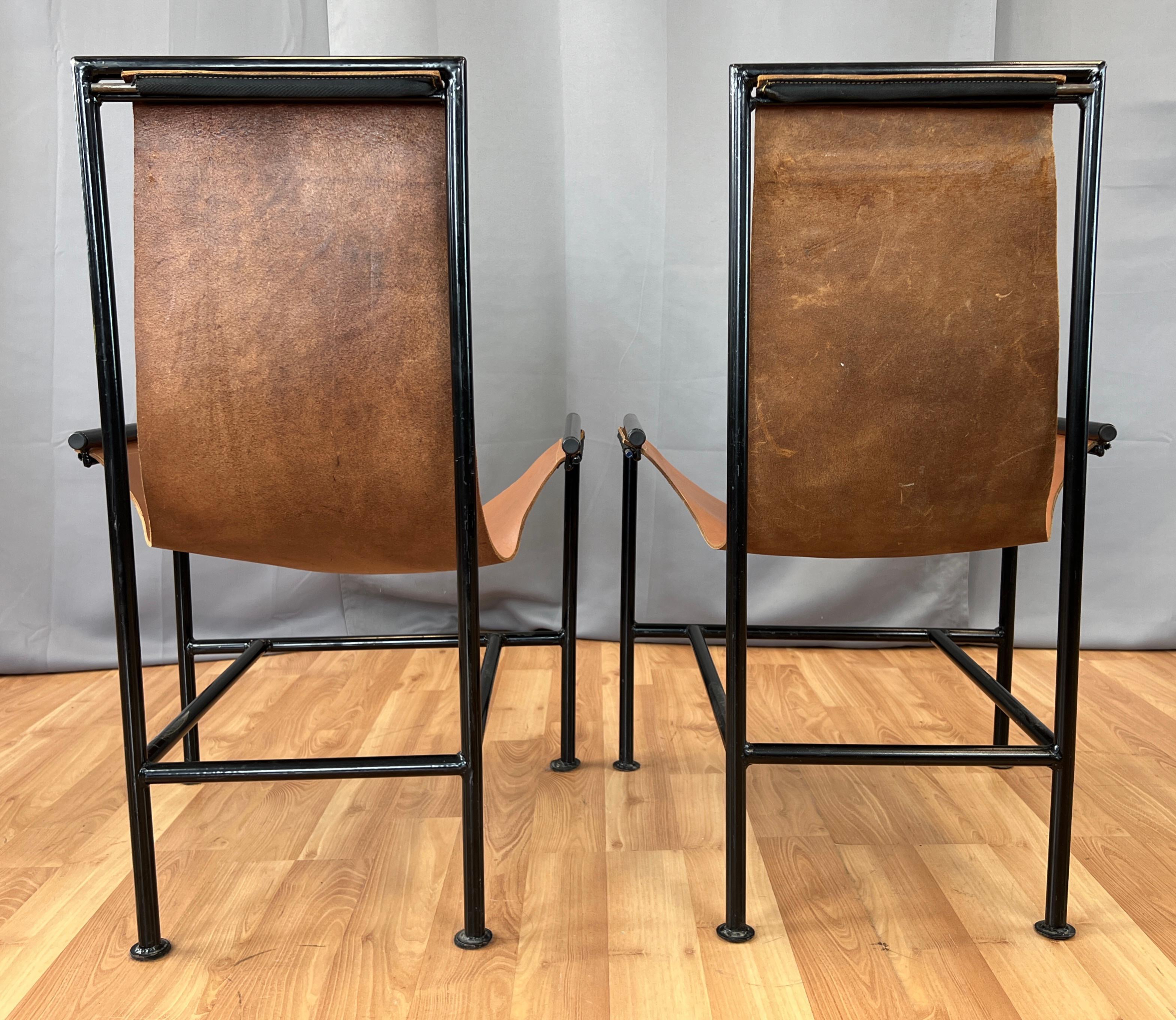 Metal Pair Circa 1970s T-Style Brown Leather Sling Chairs