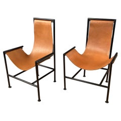 Used Pair Circa 1970s T-Style Brown Leather Sling Chairs