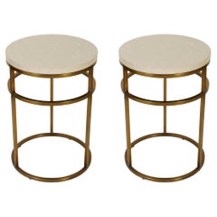 Pair Circular Metal Side Tables with Stone Tops