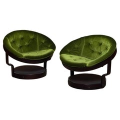 Vintage Pair Circular Swivel Lounge Chairs Model 'Convair' Green Velvet by Oddmund Vad