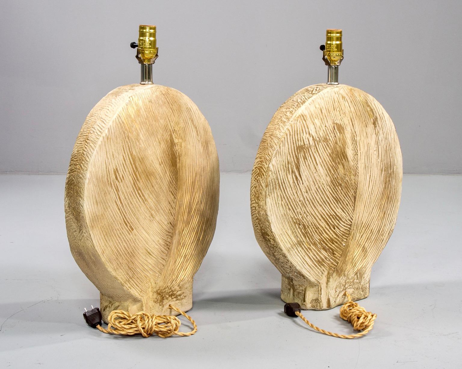 Plaster Pair of Clam Shell Form Lamps with Gilded Glaze