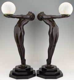 Pair of Clarté Art Deco Style Lamps Max Le Verrier Nude with Globe 84 cm 33 inch