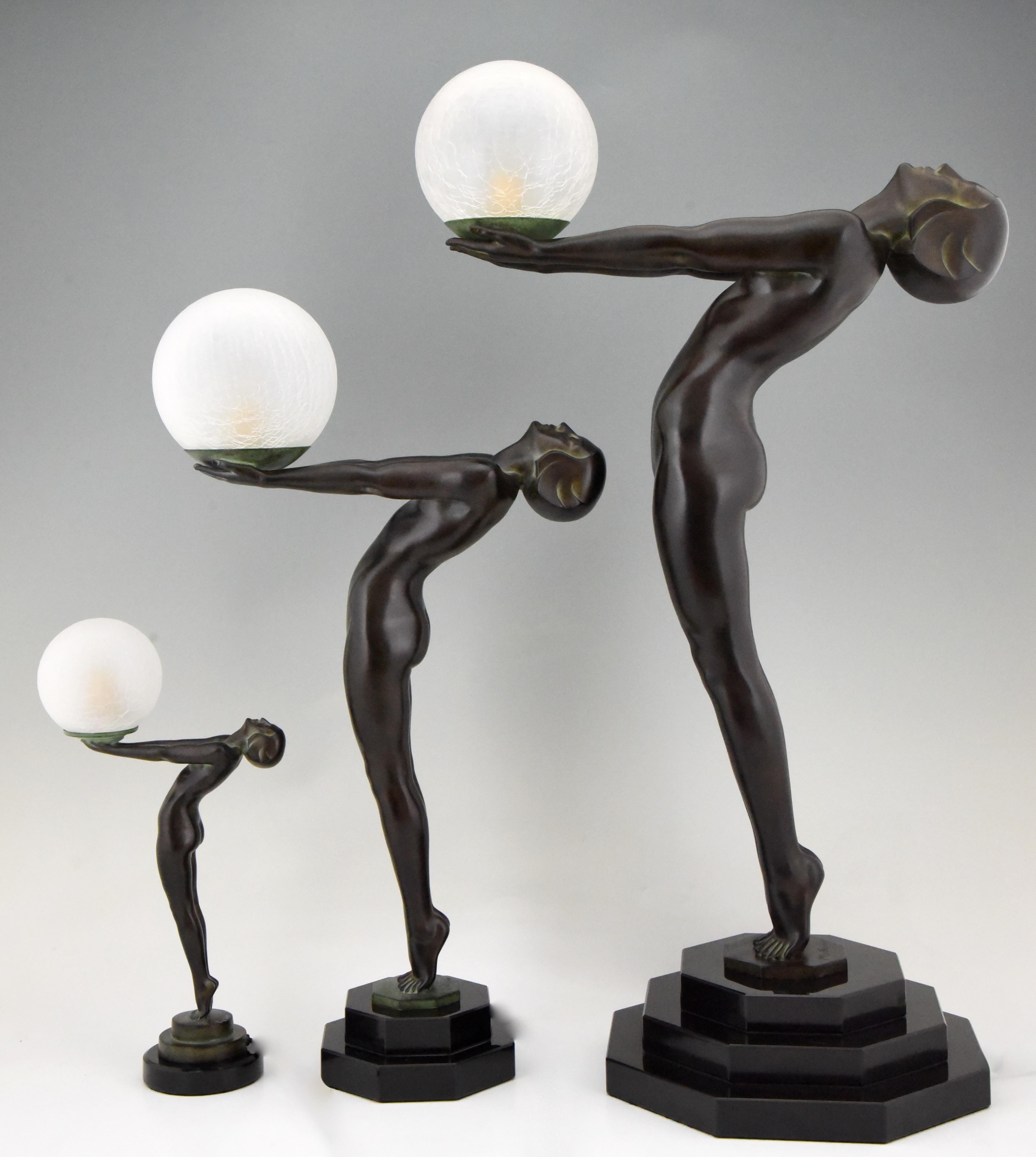 Contemporary Pair of Clarté Art Deco Style Lamps Max Le Verrier Nude with Globe 84 cm 33 inch