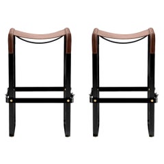 Paire de tabourets de bar Classic Contemporary Acier fumé noir et cuir Brown foncé