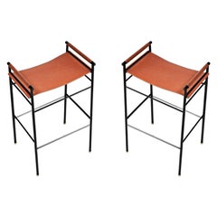 Pair Classic Contemporary Barstool Natural Tobacco Leather & Black Rubber