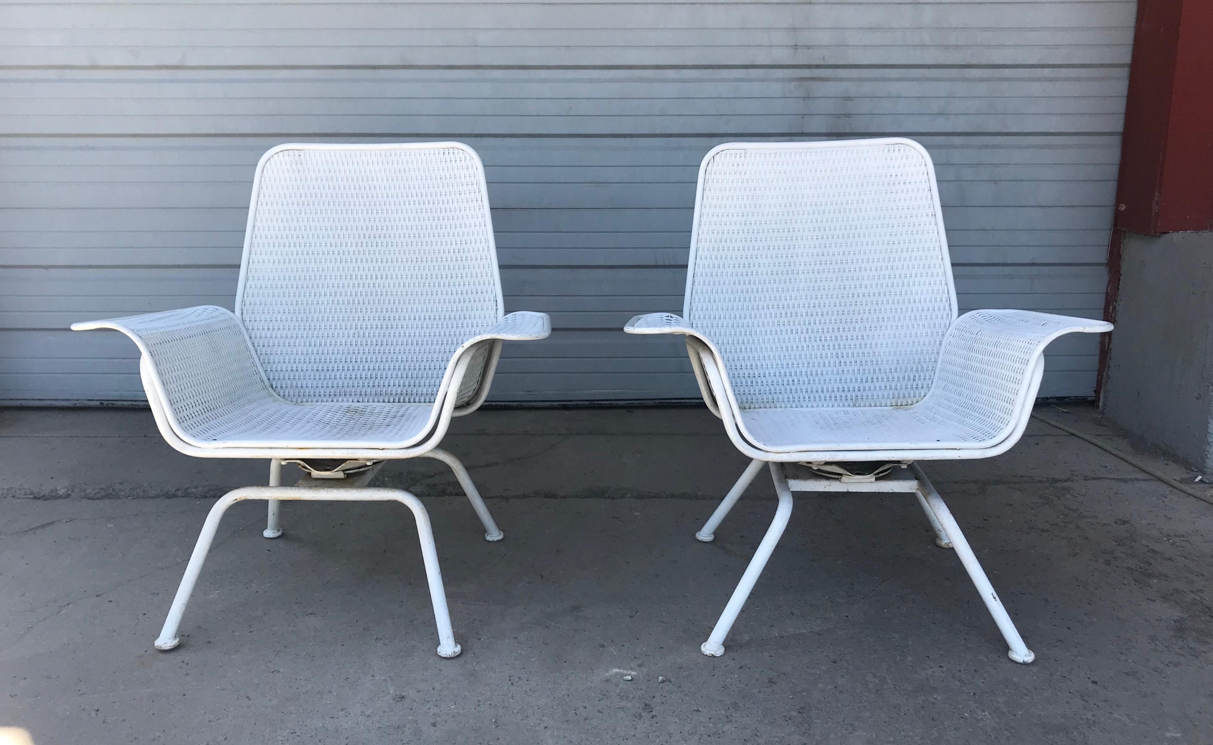 American Pair of Mid-Century Modern Wicker and Metal Outdoor Lounge Chairs, Woodard