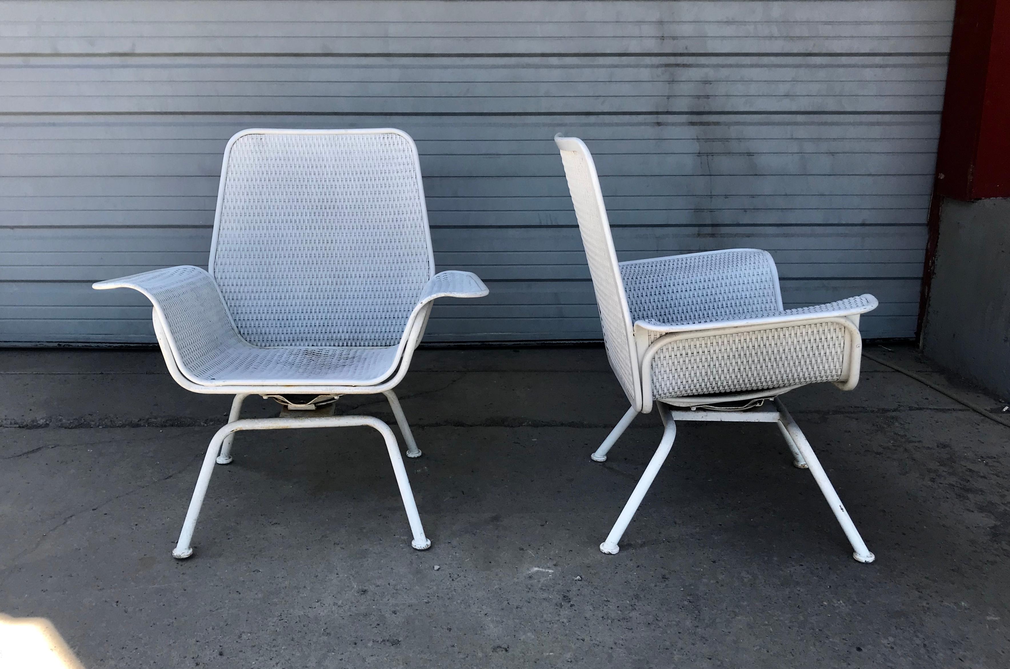 Painted Pair of Mid-Century Modern Wicker and Metal Outdoor Lounge Chairs, Woodard