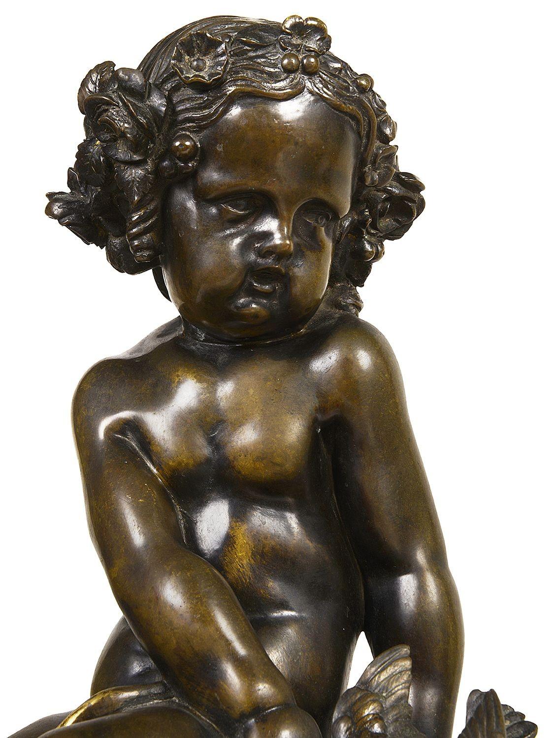 Pair Classical 19th Bronze Putti Seated on a Rock In Good Condition For Sale In Brighton, Sussex