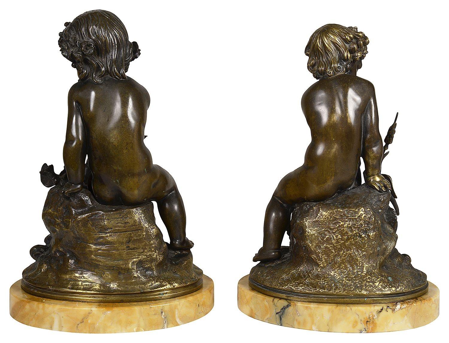 19th Century Pair Classical 19th Bronze Putti Seated on a Rock For Sale