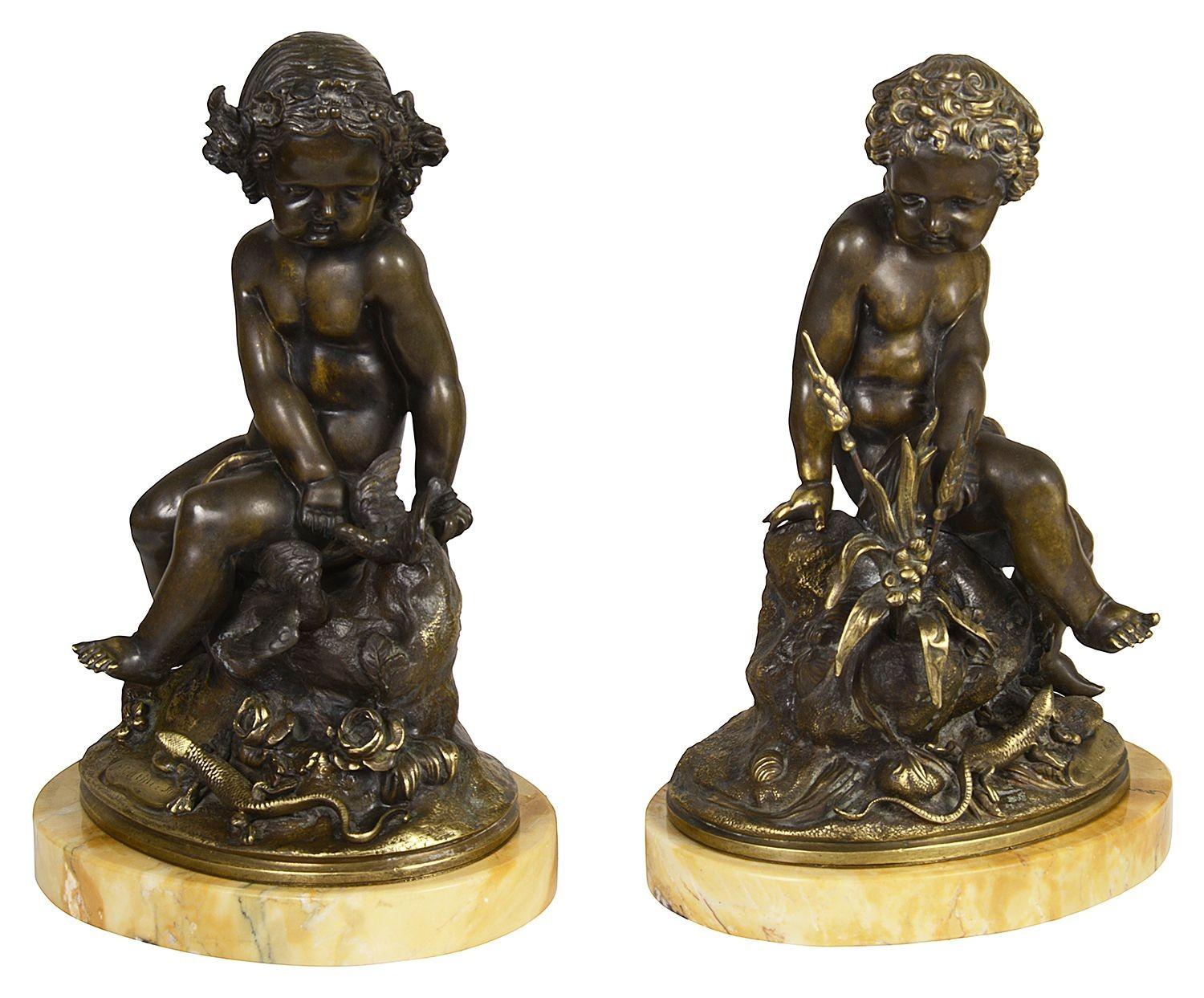 Pair Classical 19th Bronze Putti Seated on a Rock For Sale 1