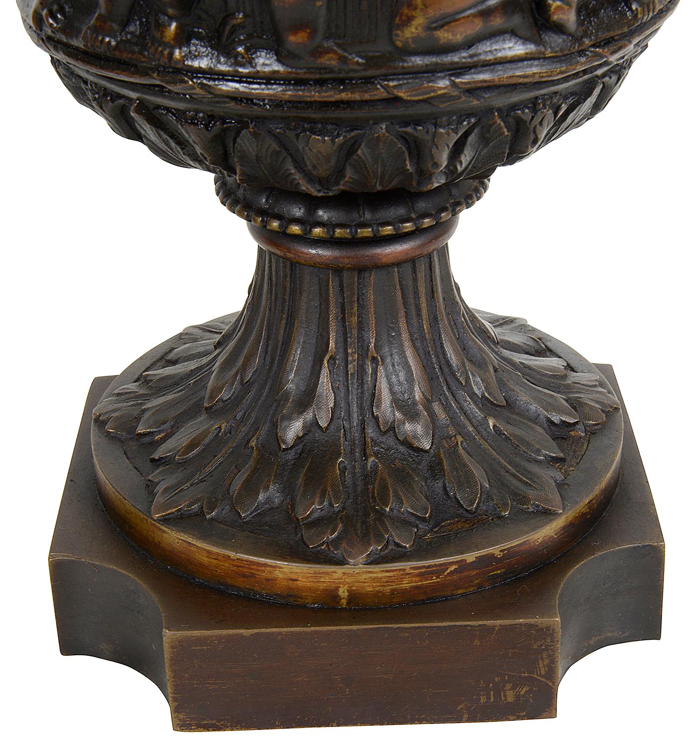 Pair of Classical 19th Century Bacchus Lidded Bronze Urns For Sale 2