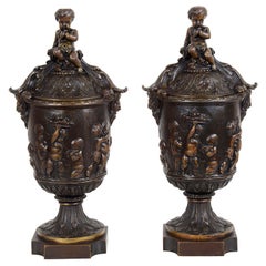 Antique Pair of Classical 19th Century Bacchus Lidded Bronze Urns