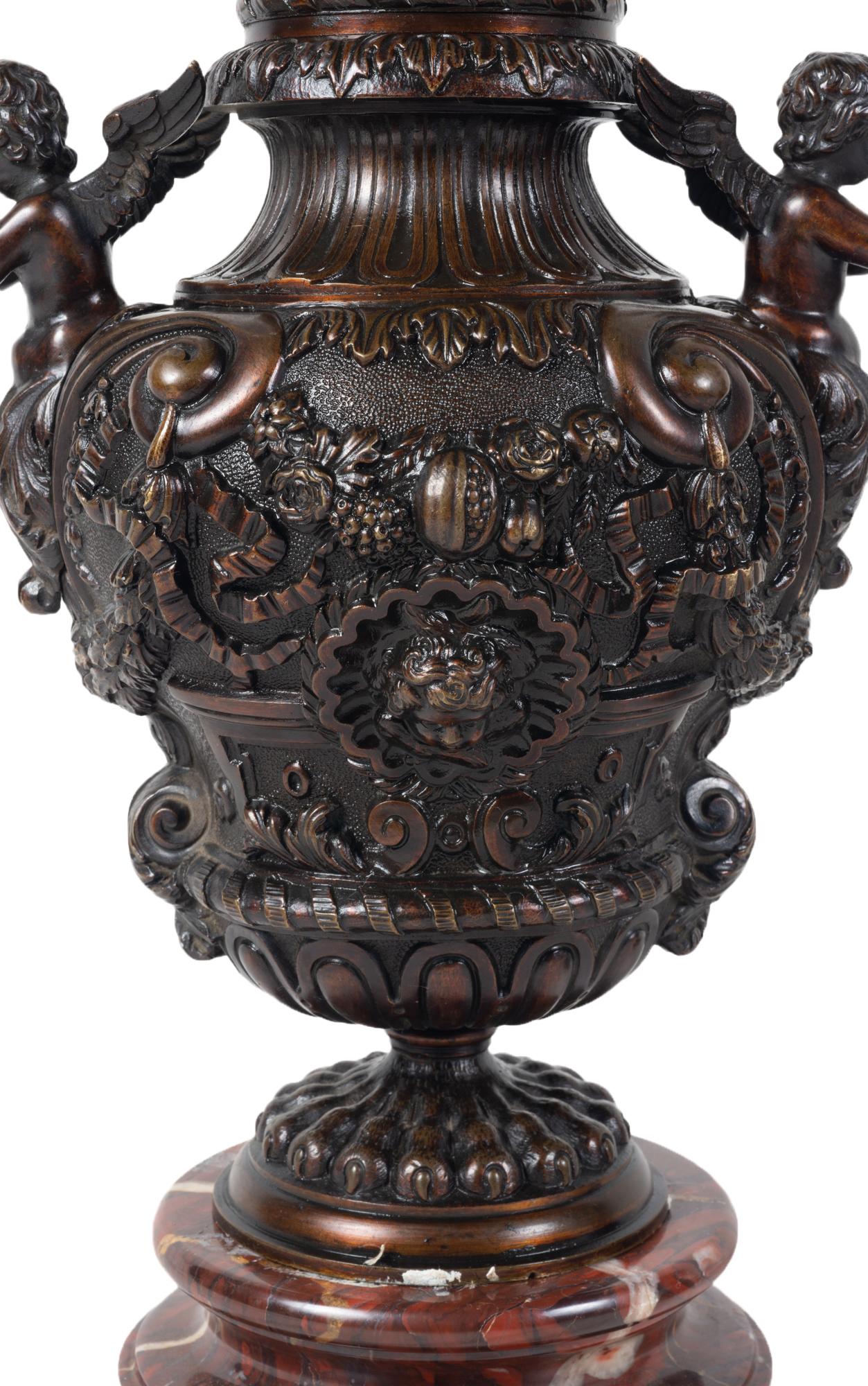 Rococo Pair of Classical 19th Century Bronze Urns