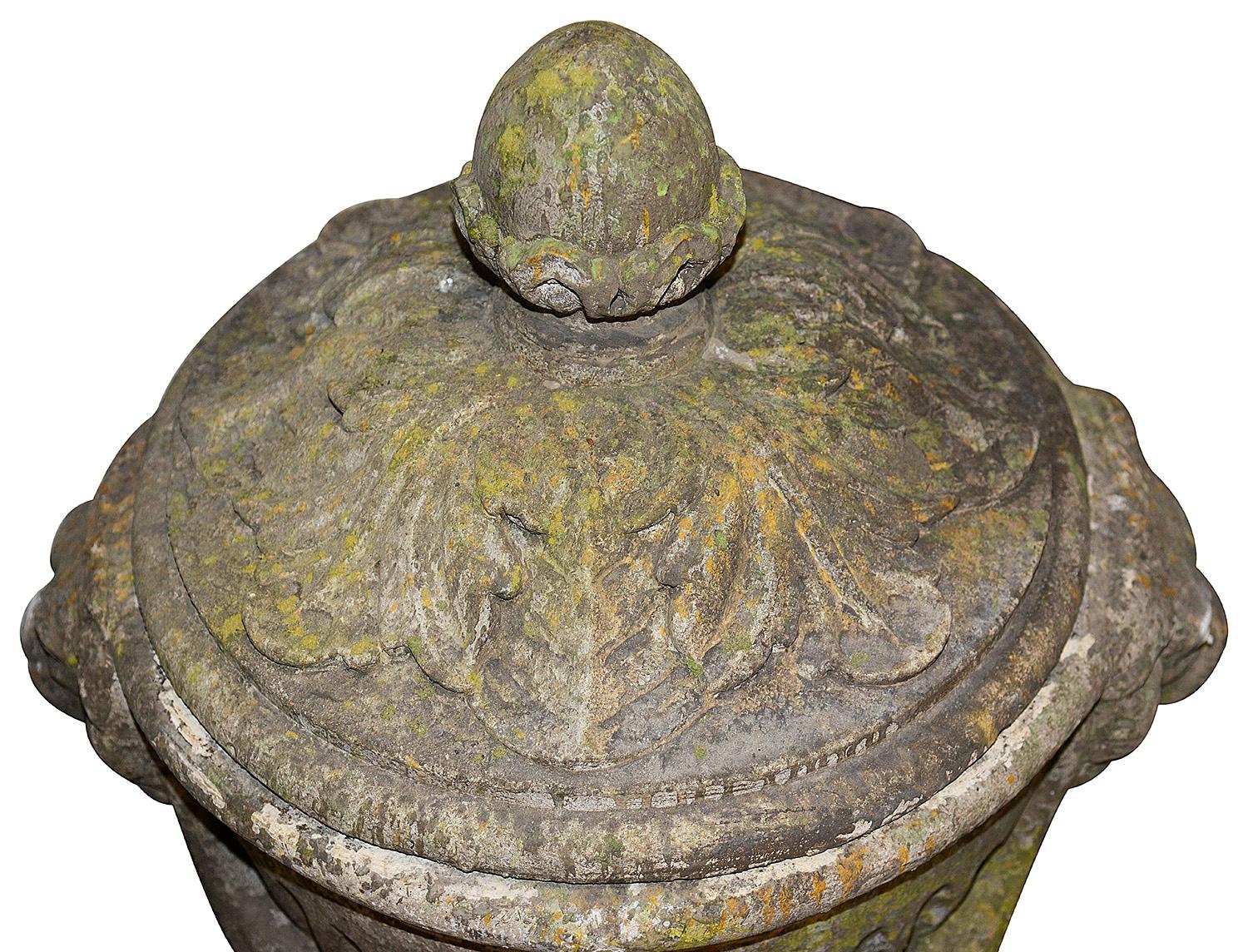 Cast Pair Classical 19th Century Lidded Garden Urns For Sale