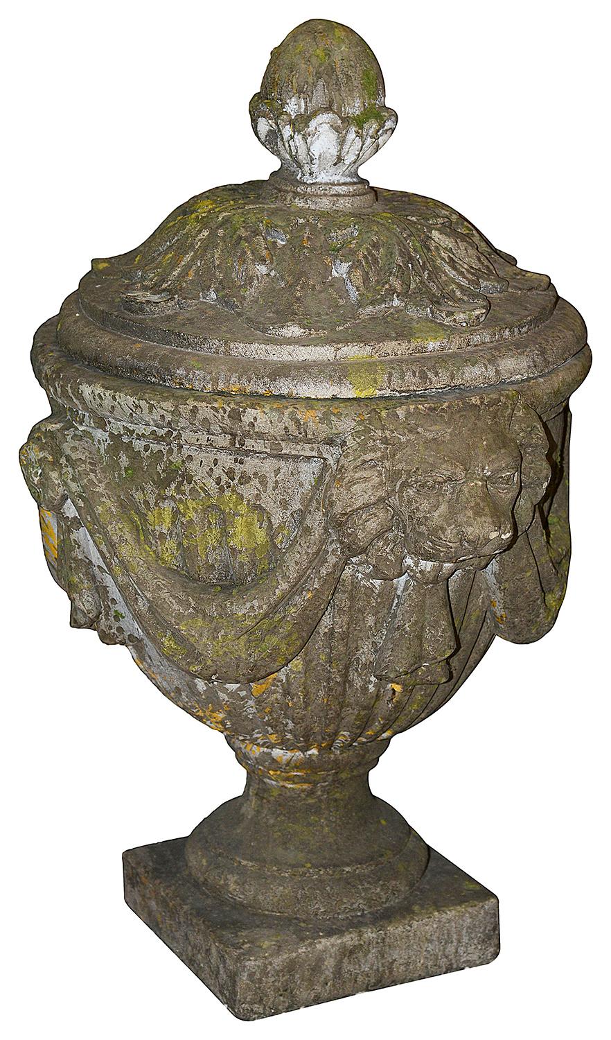 Composition Pair Classical 19th Century Lidded Garden Urns For Sale